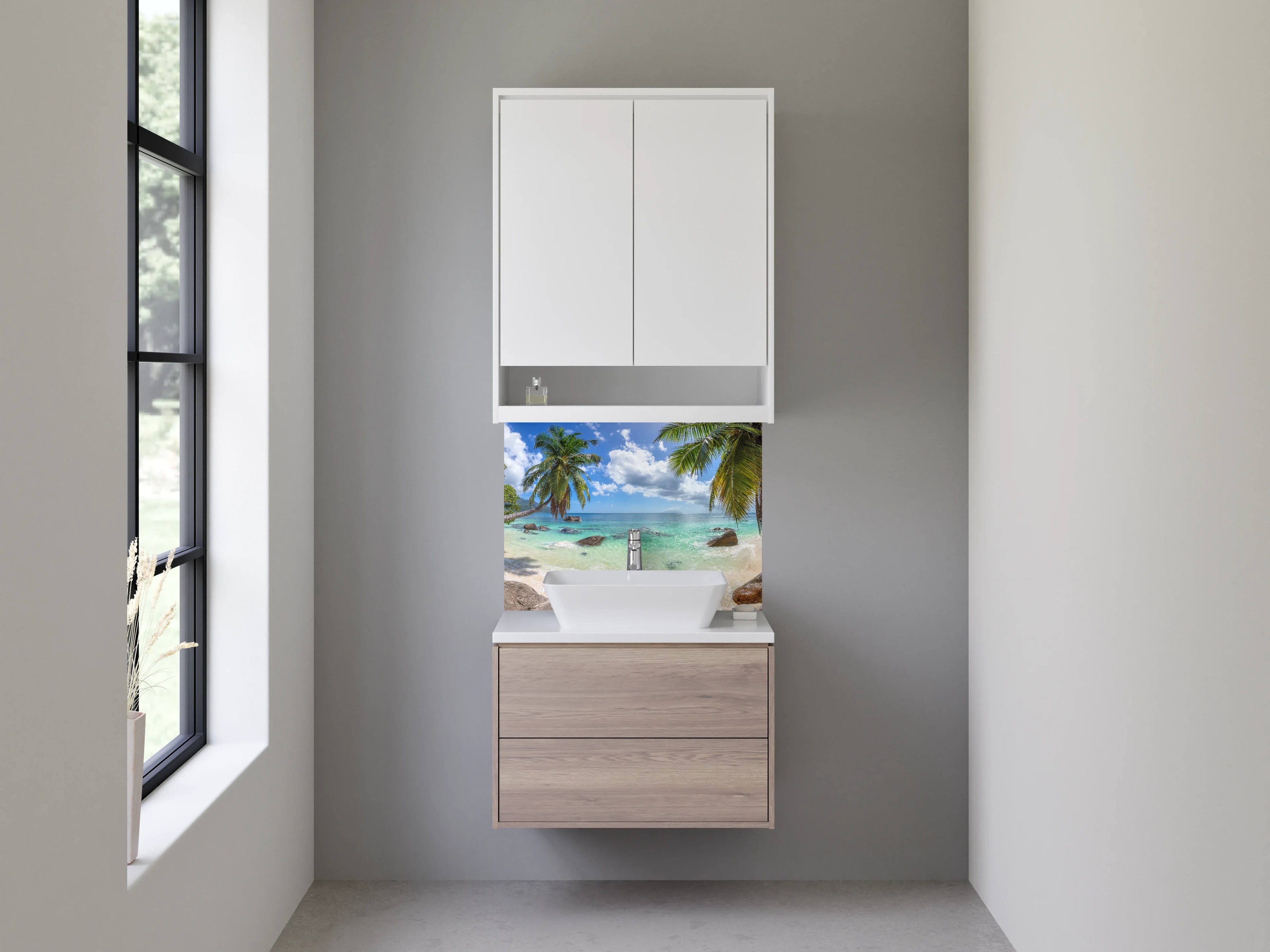 Waschbecken-Rückwand - Traumhafter Strand mit Palmen