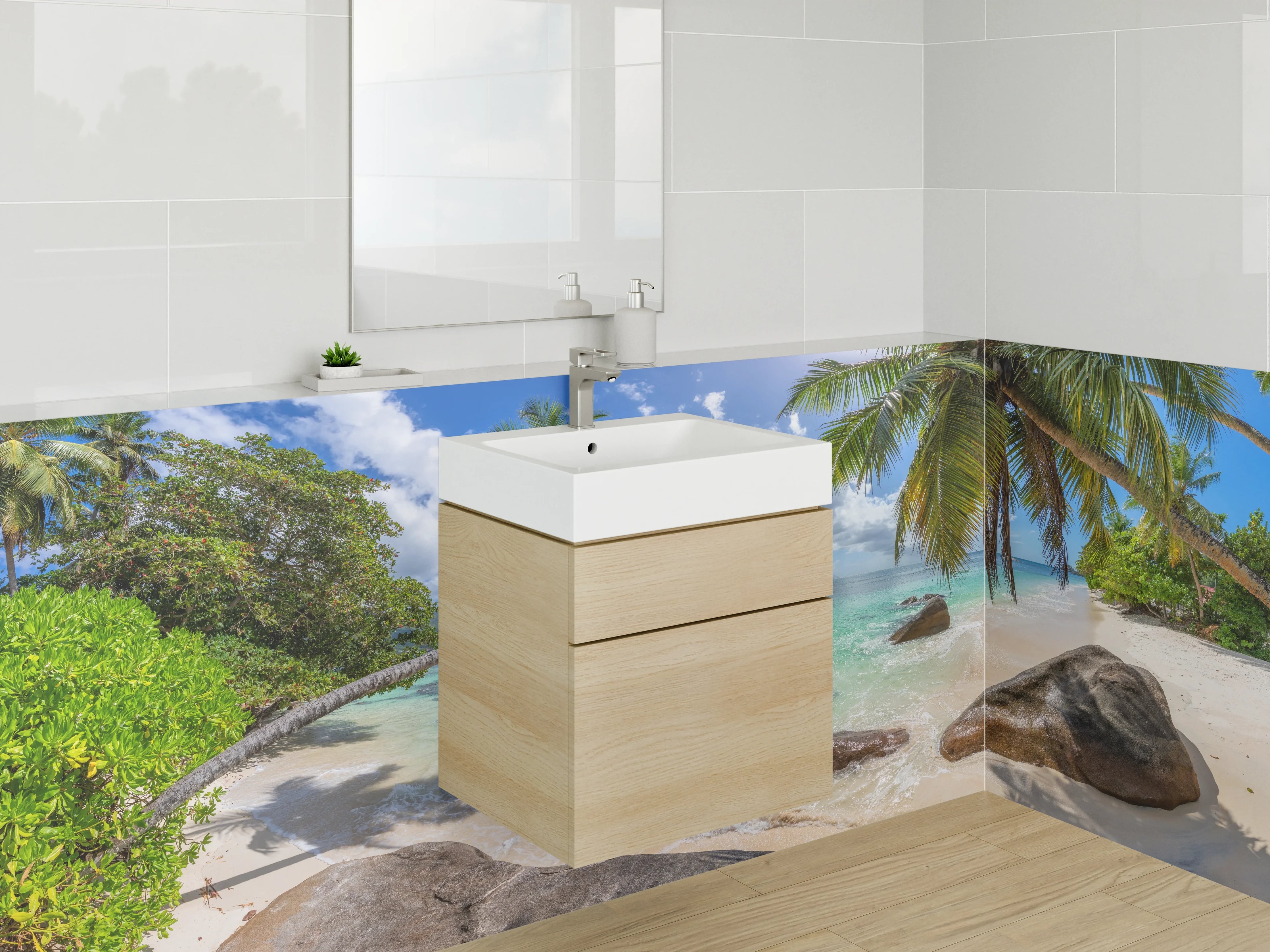 Waschbecken-Rückwand - Traumhafter Strand mit Palmen