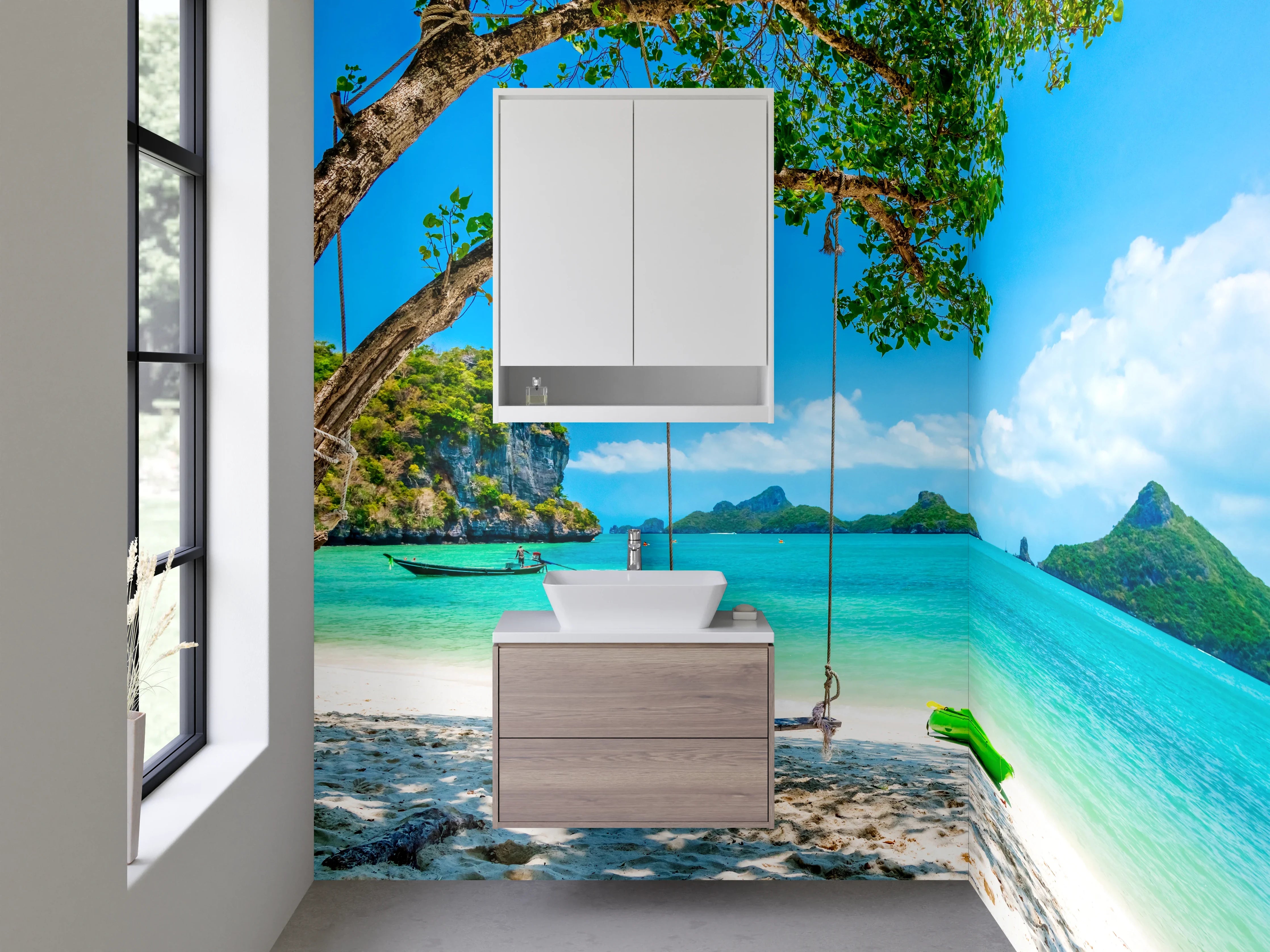 Waschbecken-Rückwand - Traumstrand mit Schaukel am türkisblauen Meer
