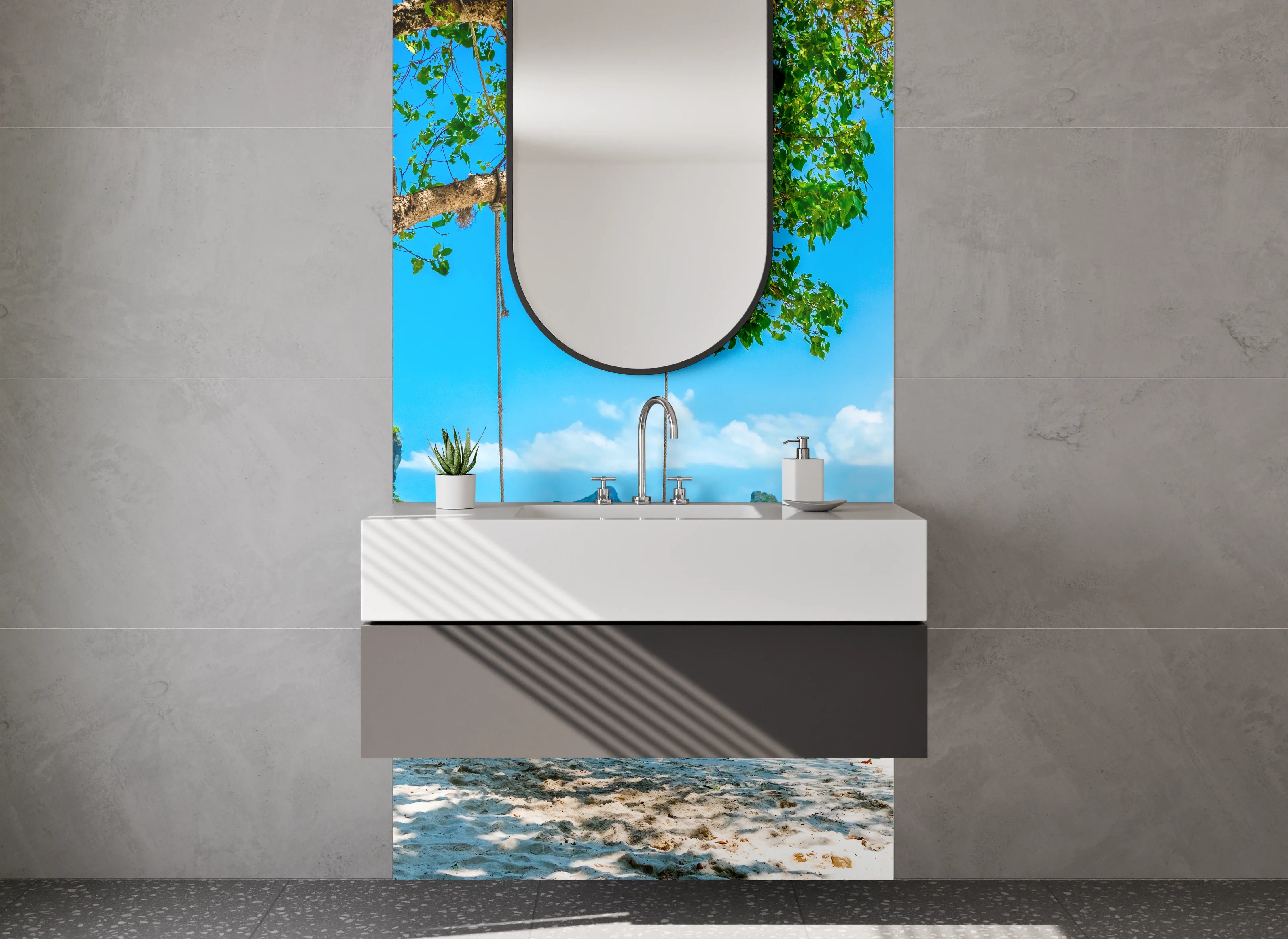 Waschbecken-Rückwand - Traumstrand mit Schaukel am türkisblauen Meer