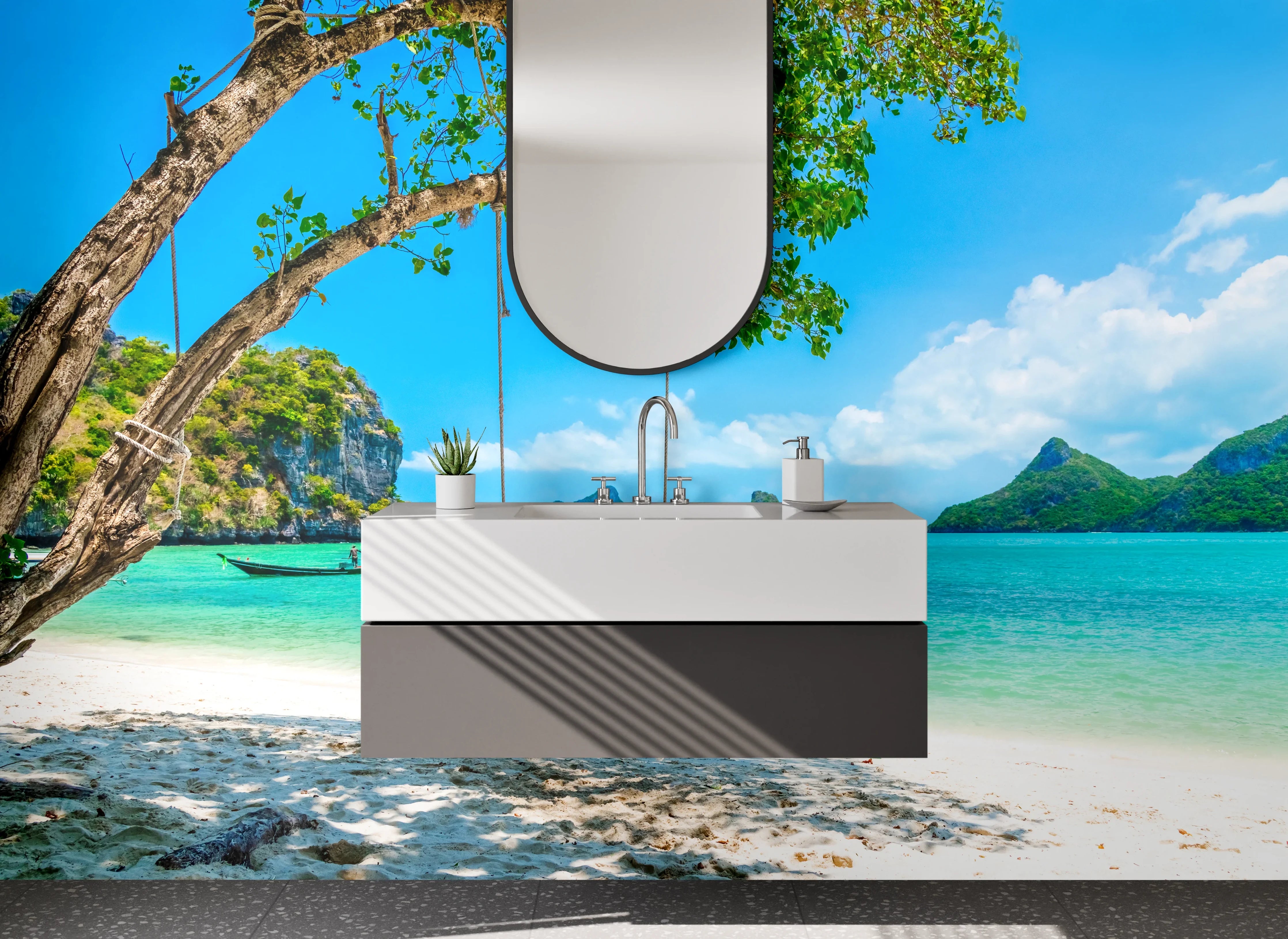 Waschbecken-Rückwand - Traumstrand mit Schaukel am türkisblauen Meer
