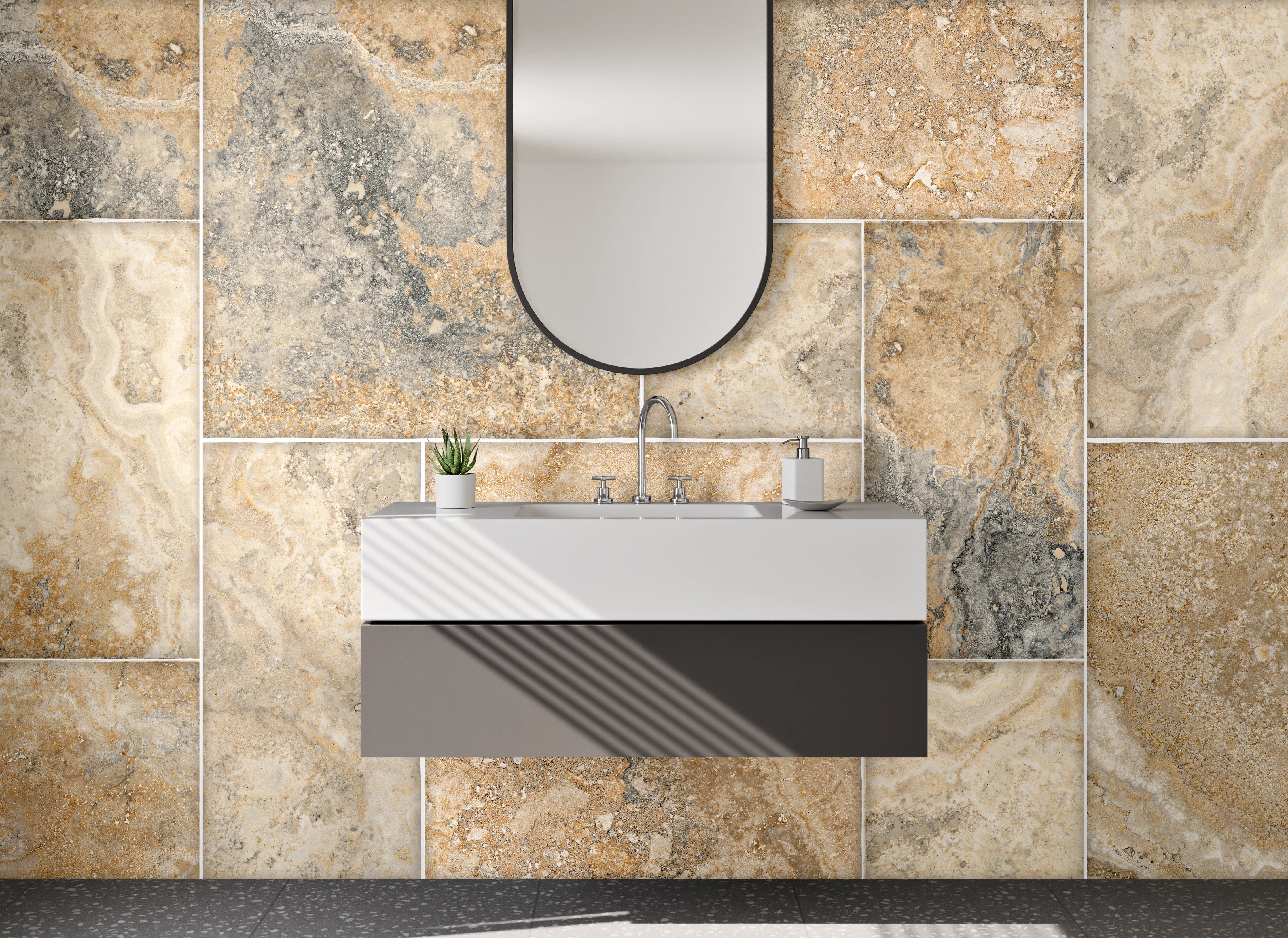 Waschbecken-Rückwand - Travertin Mosaikfliesen Beige Grau