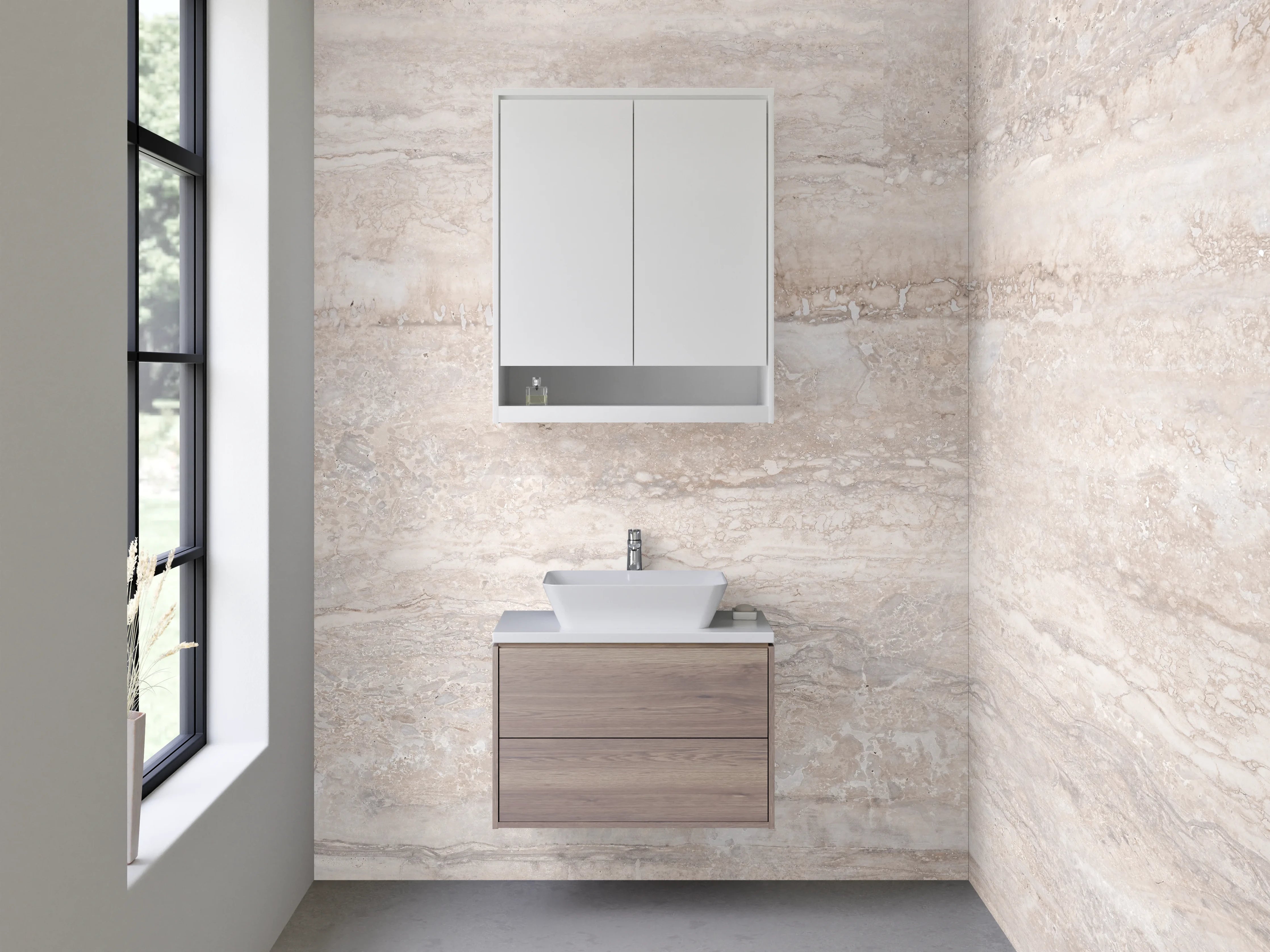 Waschbecken-Rückwand - Travertinoptik Fliese Beige Grau Weiß