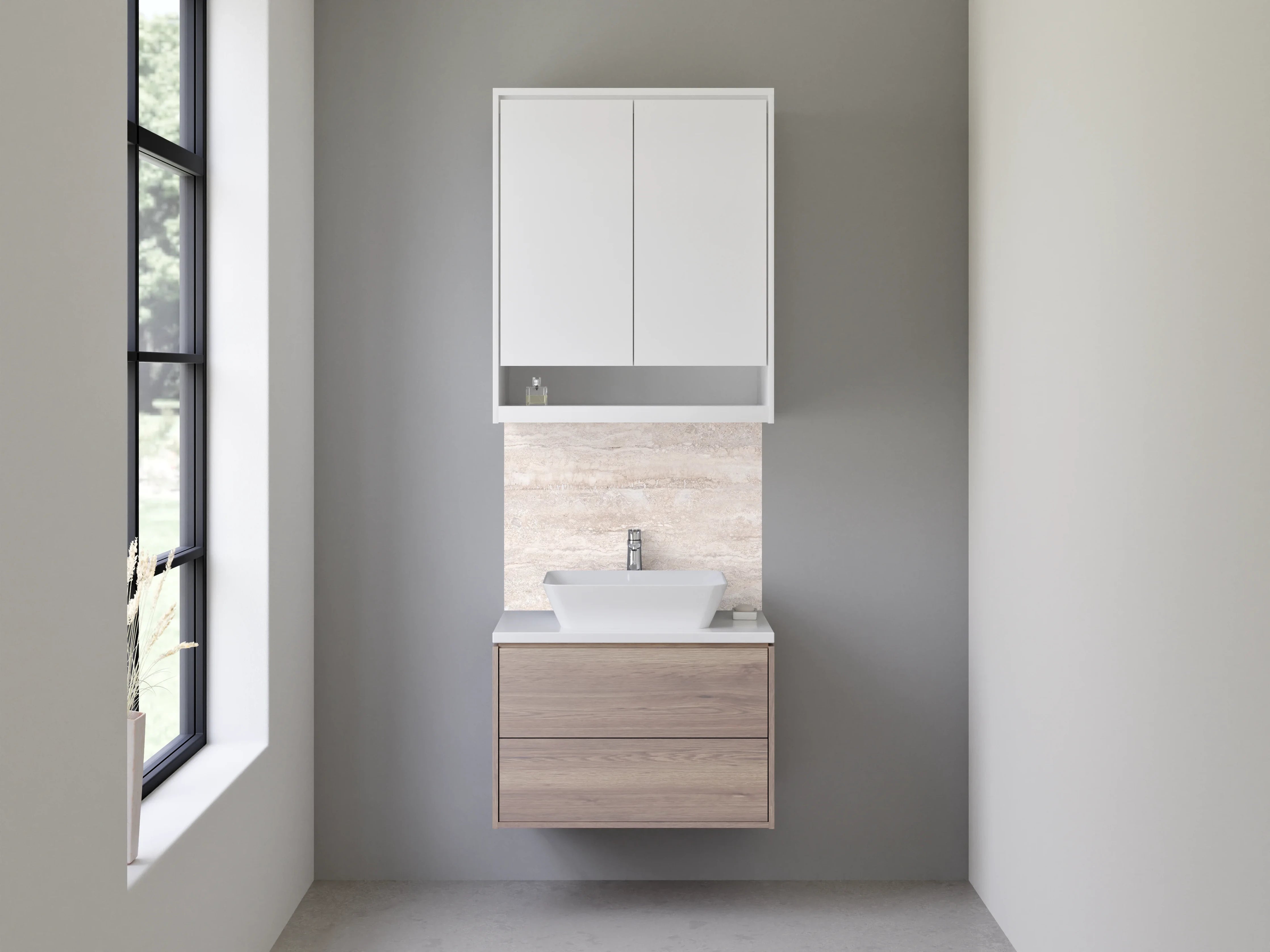 Waschbecken-Rückwand - Travertinoptik Fliese Beige Grau Weiß
