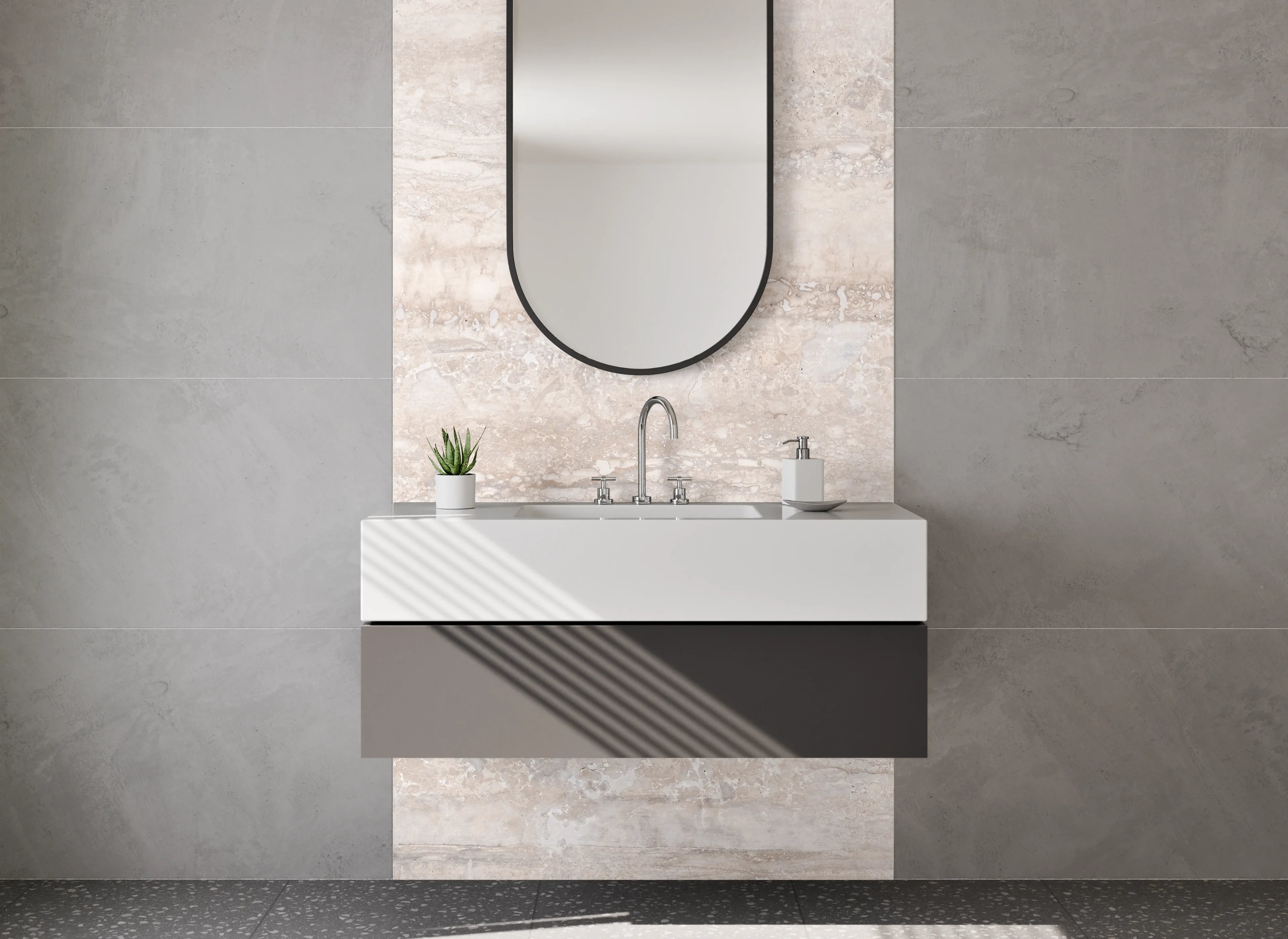 Waschbecken-Rückwand - Travertinoptik Fliese Beige Grau Weiß
