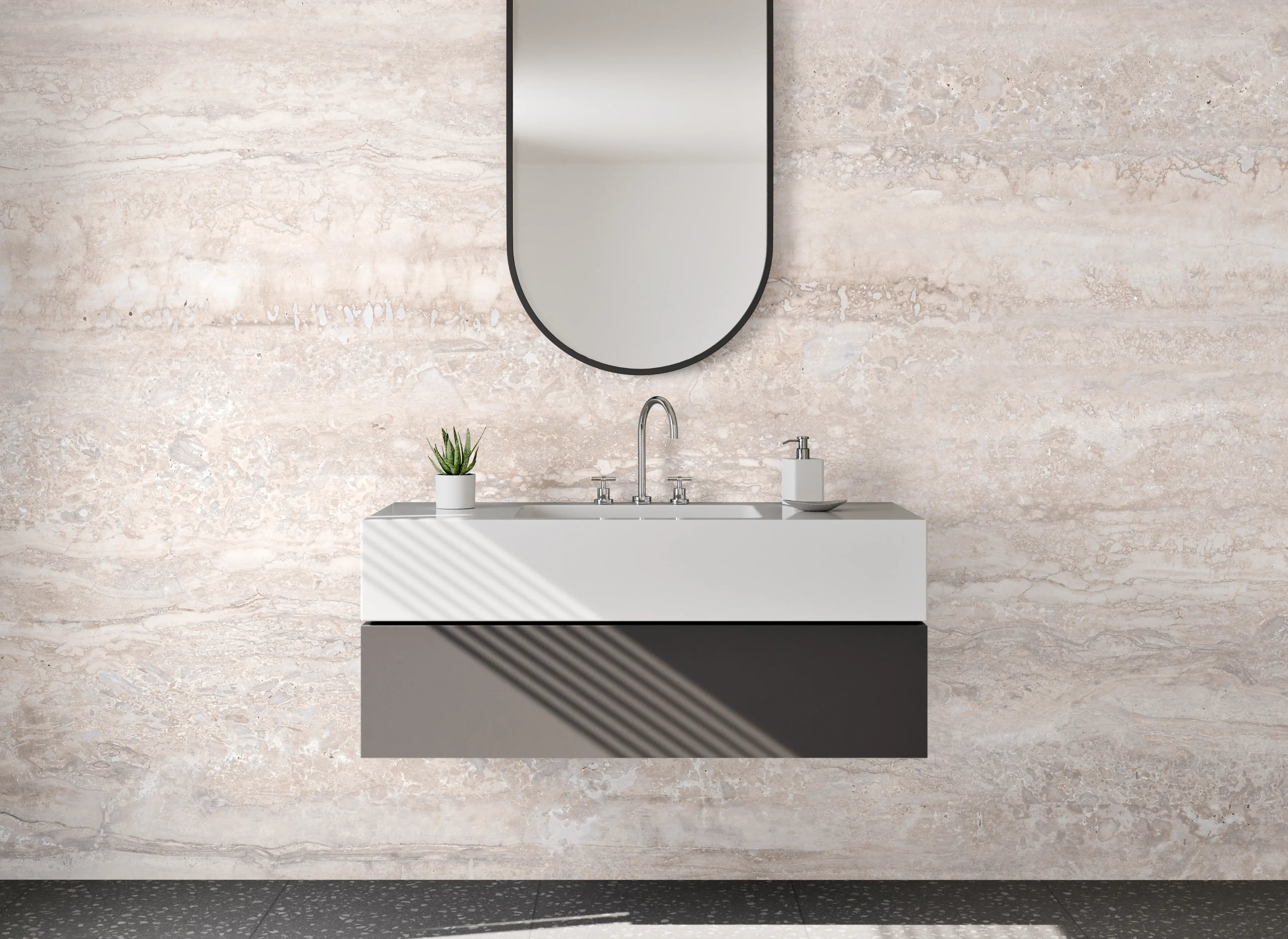 Waschbecken-Rückwand - Travertinoptik Fliese Beige Grau Weiß