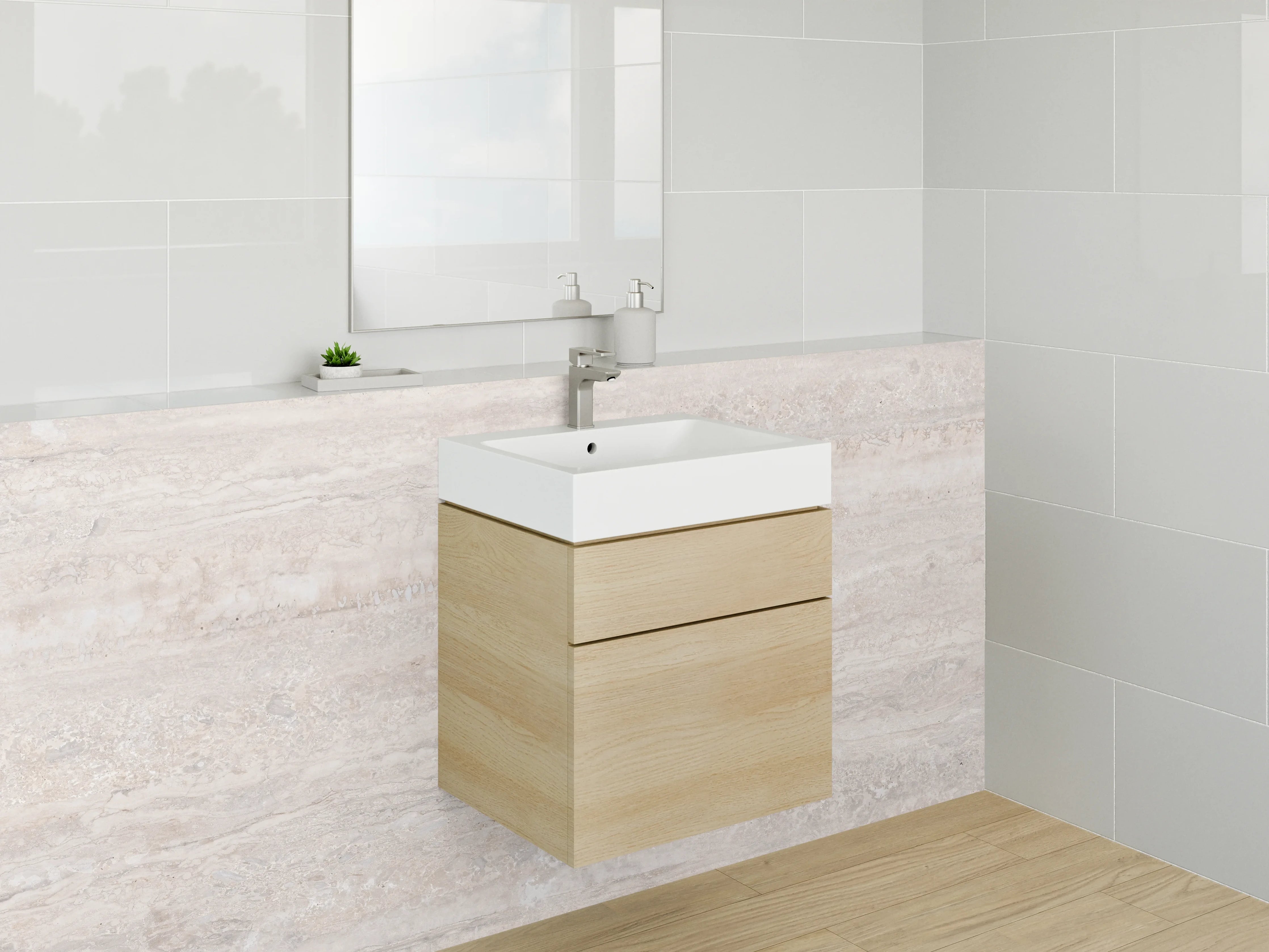 Waschbecken-Rückwand - Travertinoptik Fliese Beige Grau Weiß