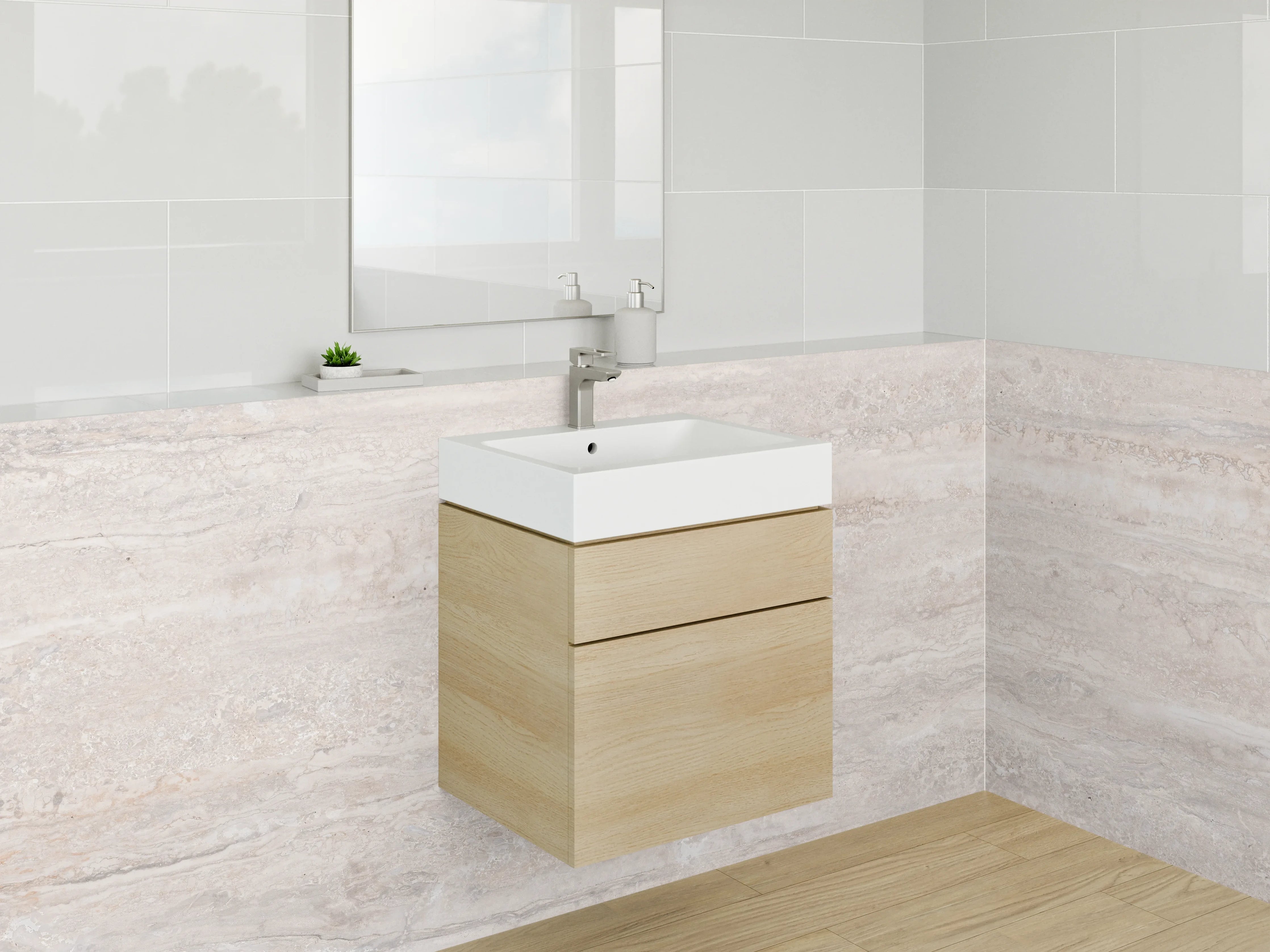 Waschbecken-Rückwand - Travertinoptik Fliese Beige Grau Weiß