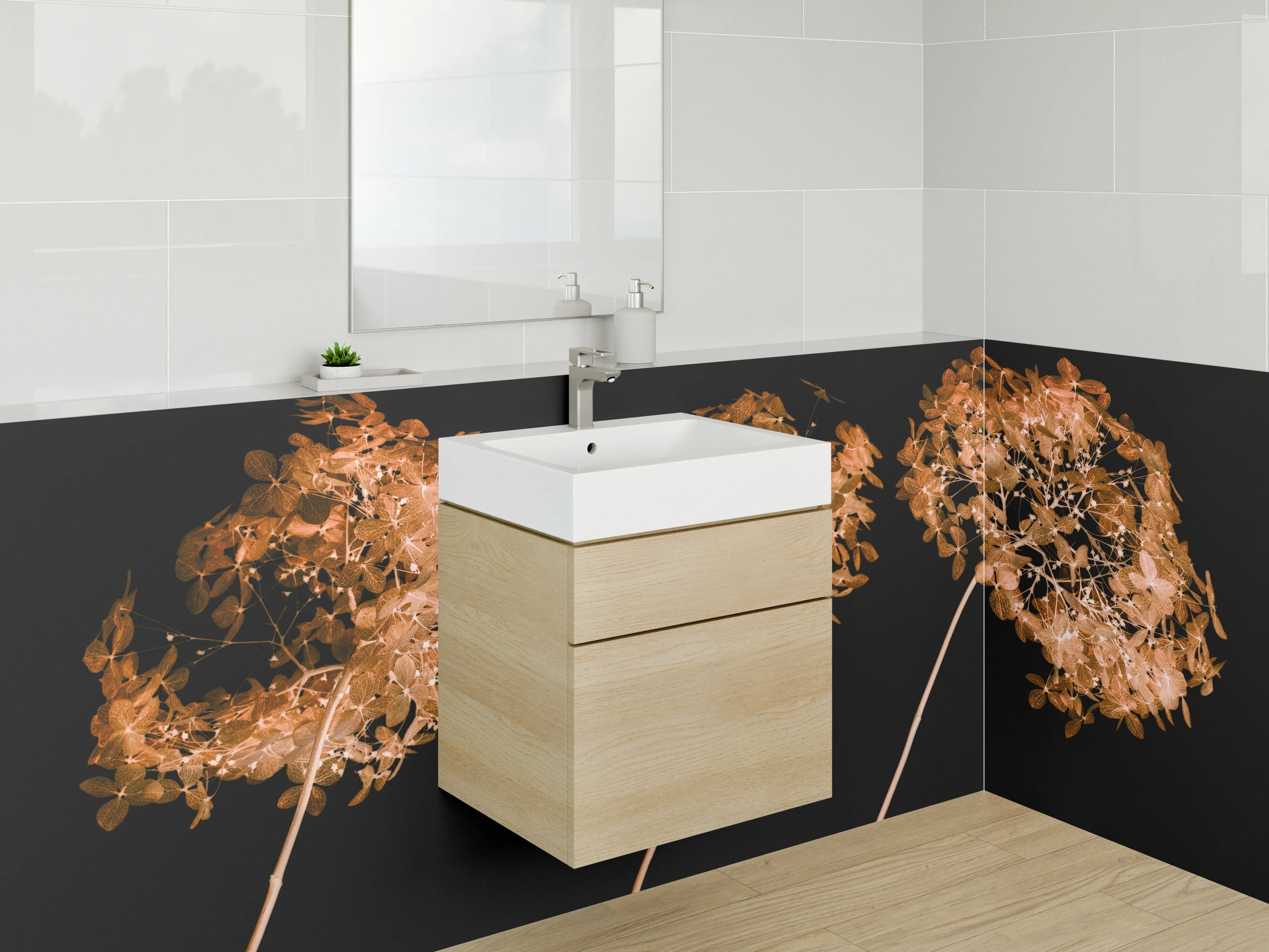 Waschbecken-Rückwand - Trockenblumen Kunst auf Schwarz