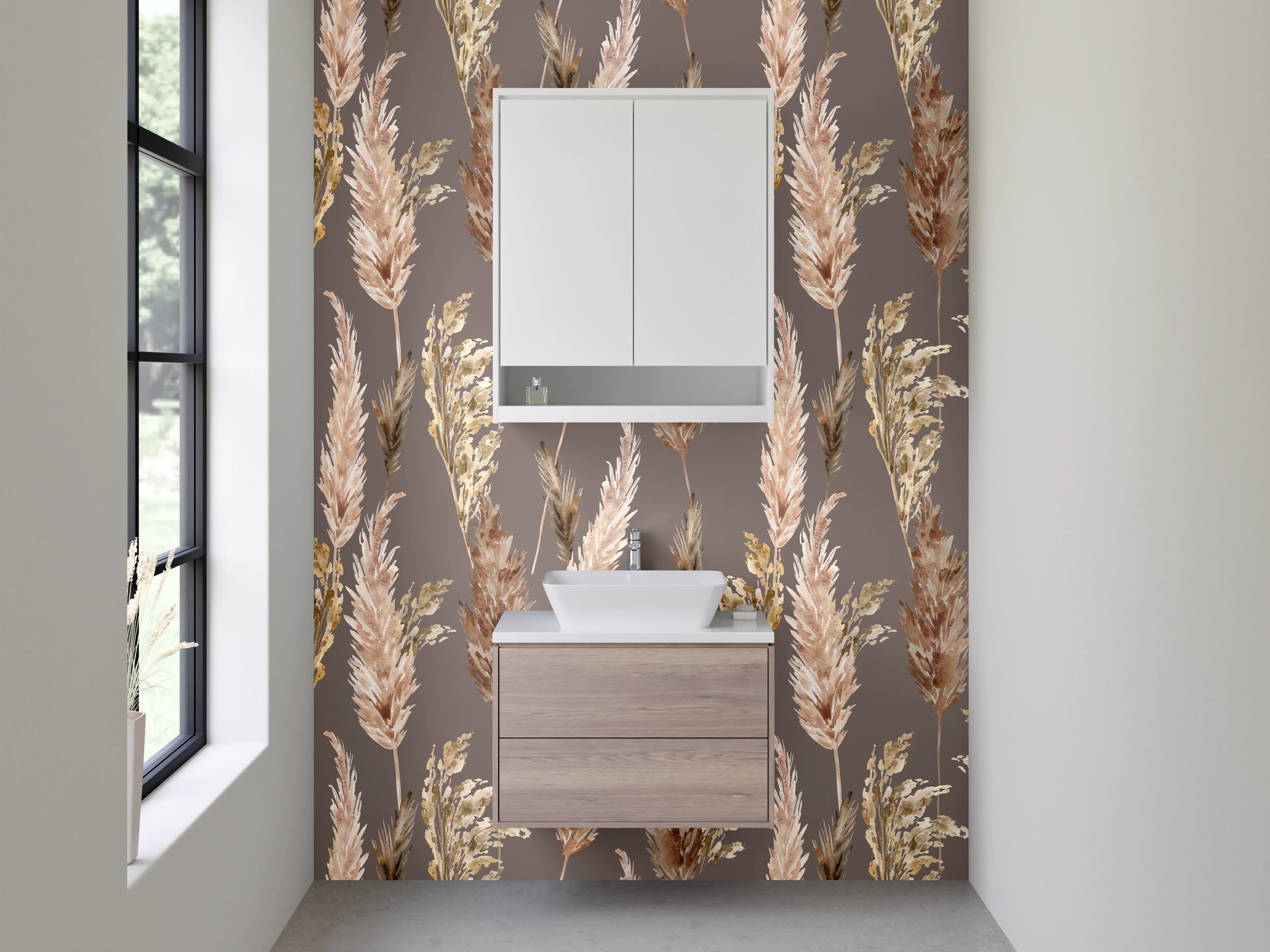 Waschbecken-Rückwand - Trockenblumen Pampasgras Muster Braun Beige