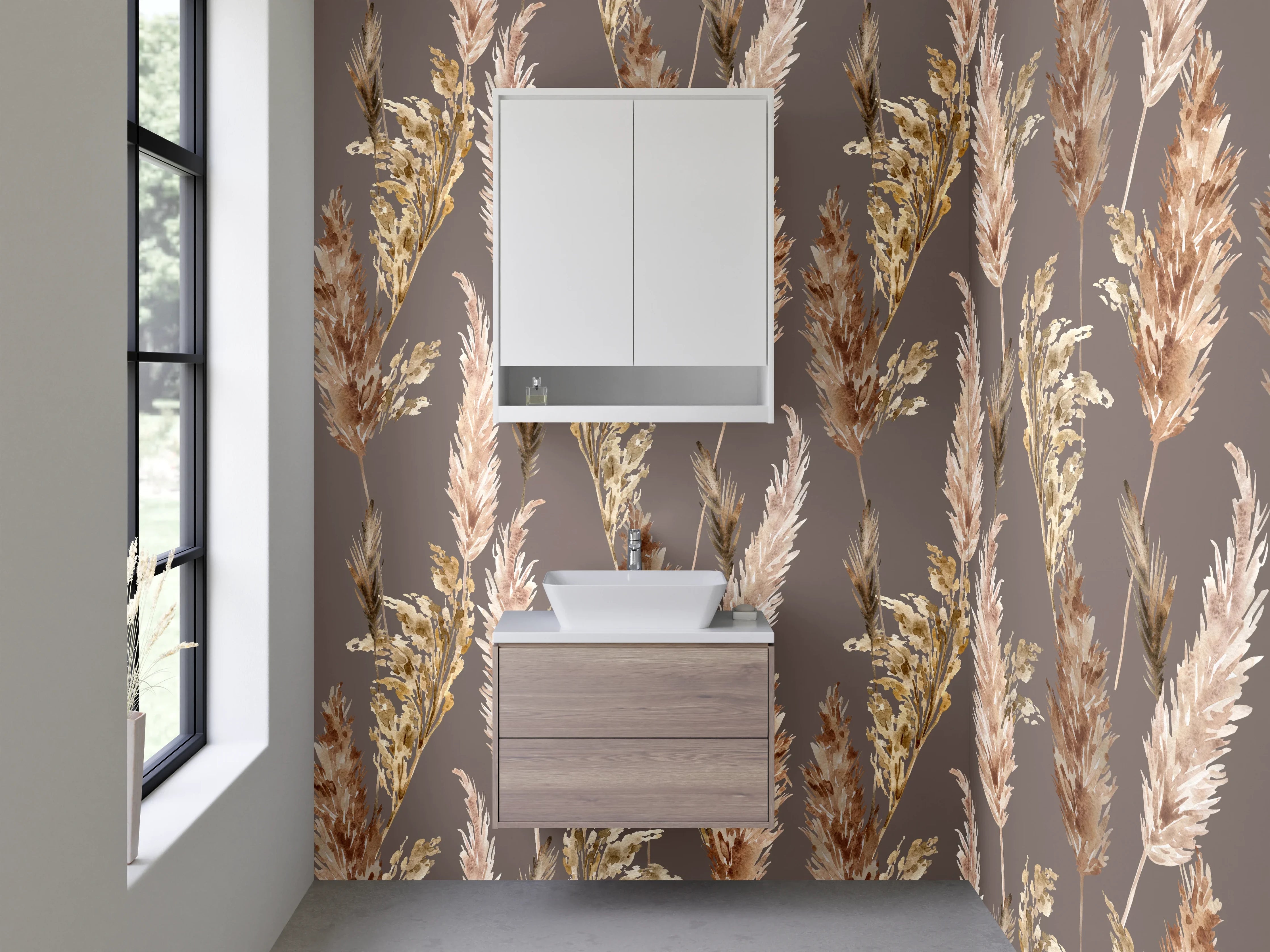 Waschbecken-Rückwand - Trockenblumen Pampasgras Muster Braun Beige