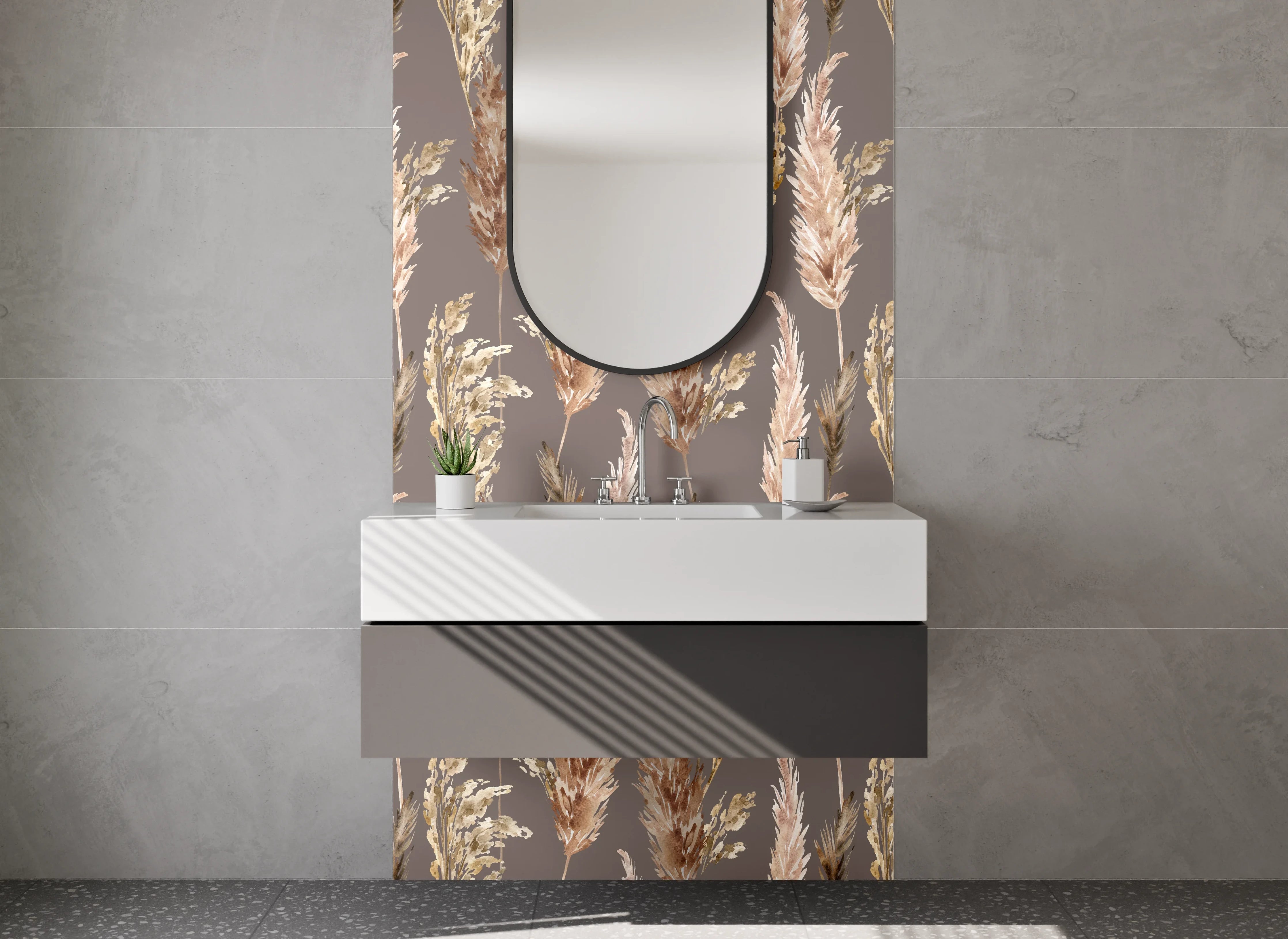 Waschbecken-Rückwand - Trockenblumen Pampasgras Muster Braun Beige