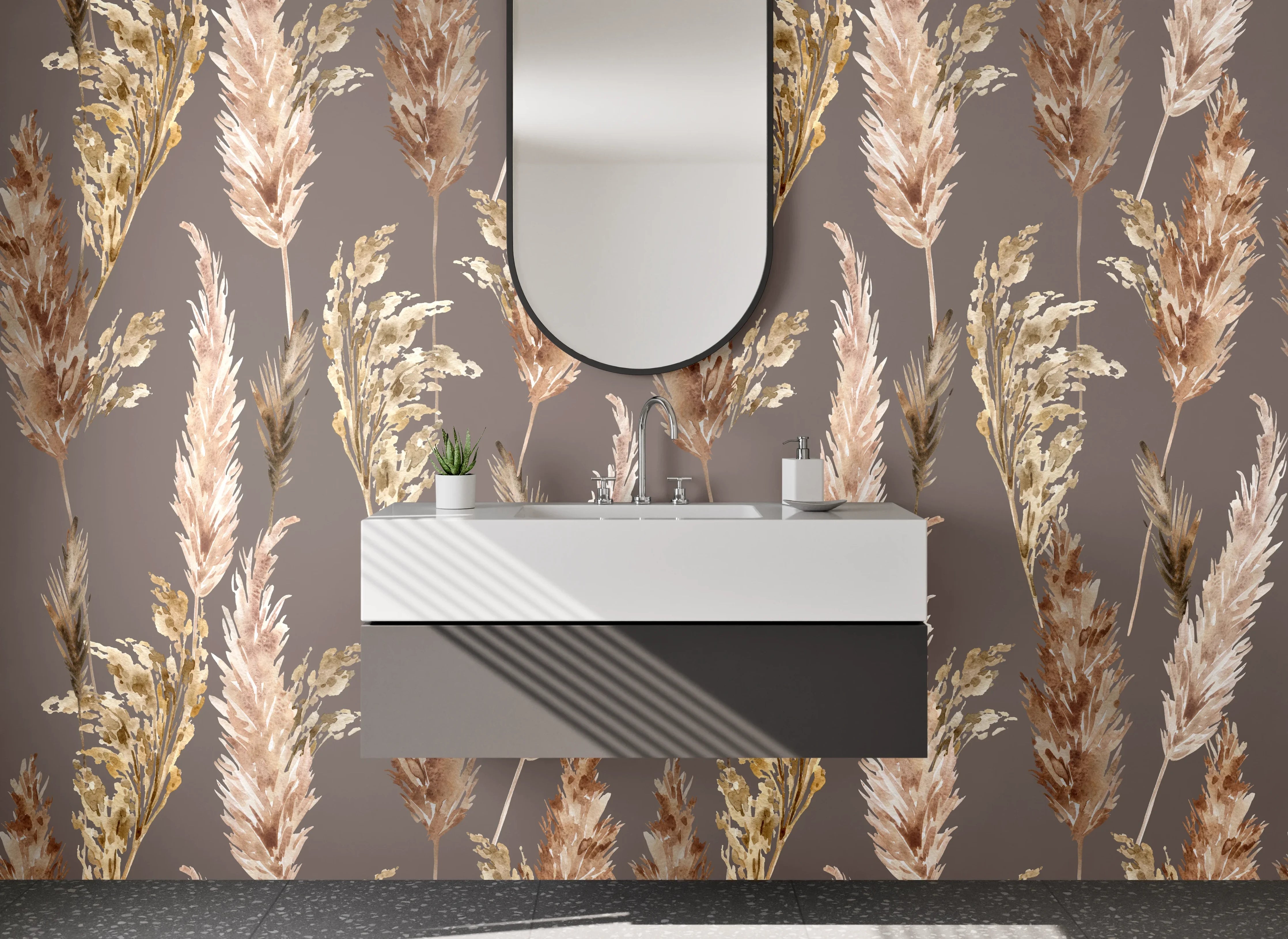 Waschbecken-Rückwand - Trockenblumen Pampasgras Muster Braun Beige