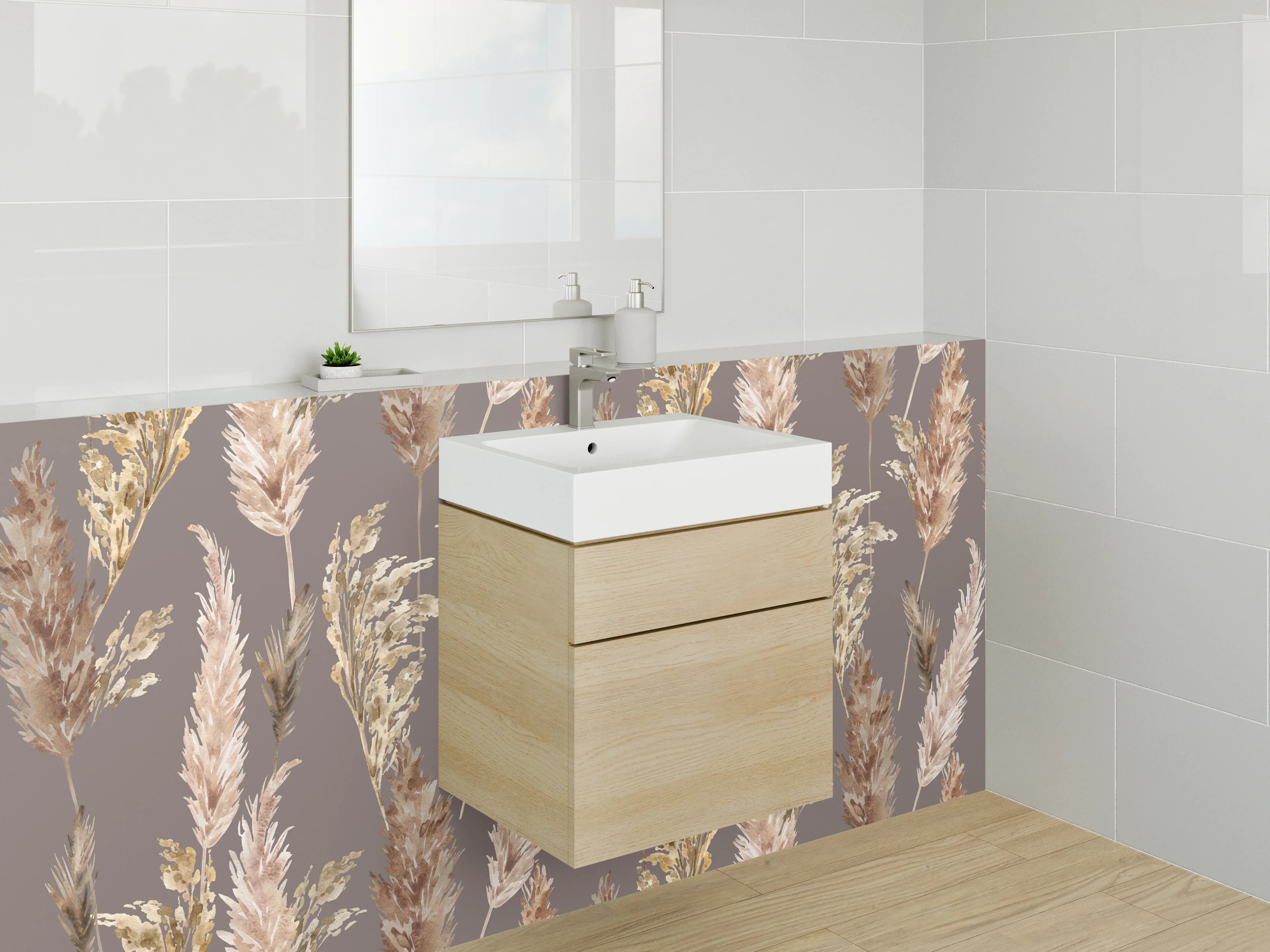 Waschbecken-Rückwand - Trockenblumen Pampasgras Muster Braun Beige