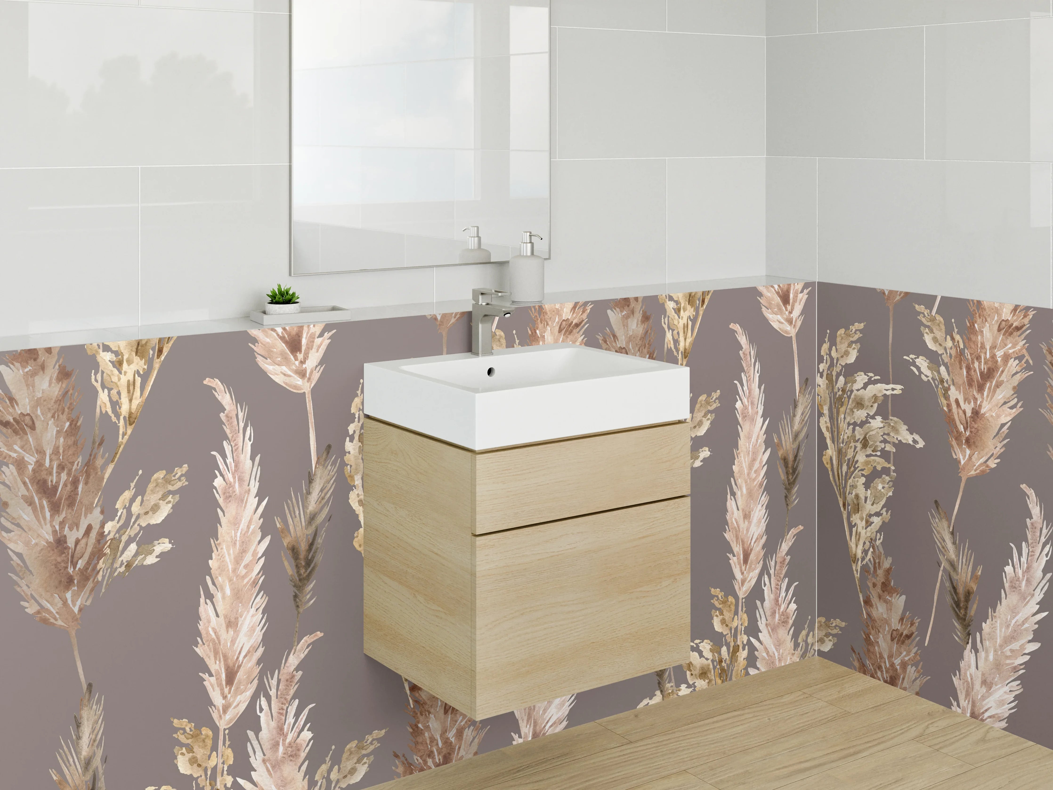 Waschbecken-Rückwand - Trockenblumen Pampasgras Muster Braun Beige