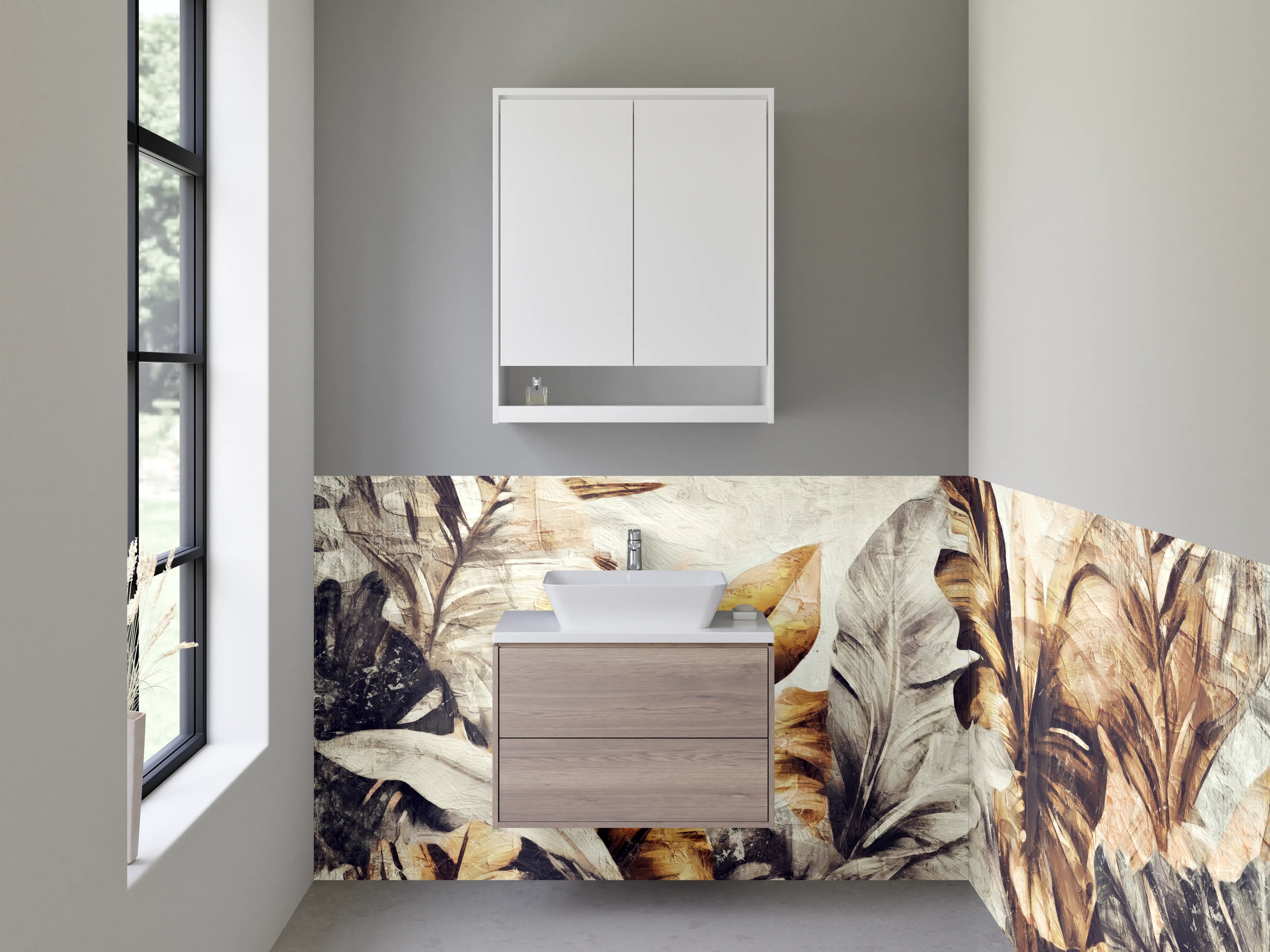 Waschbecken-Rückwand - Tropische Blätter Aquarell Braun Beige