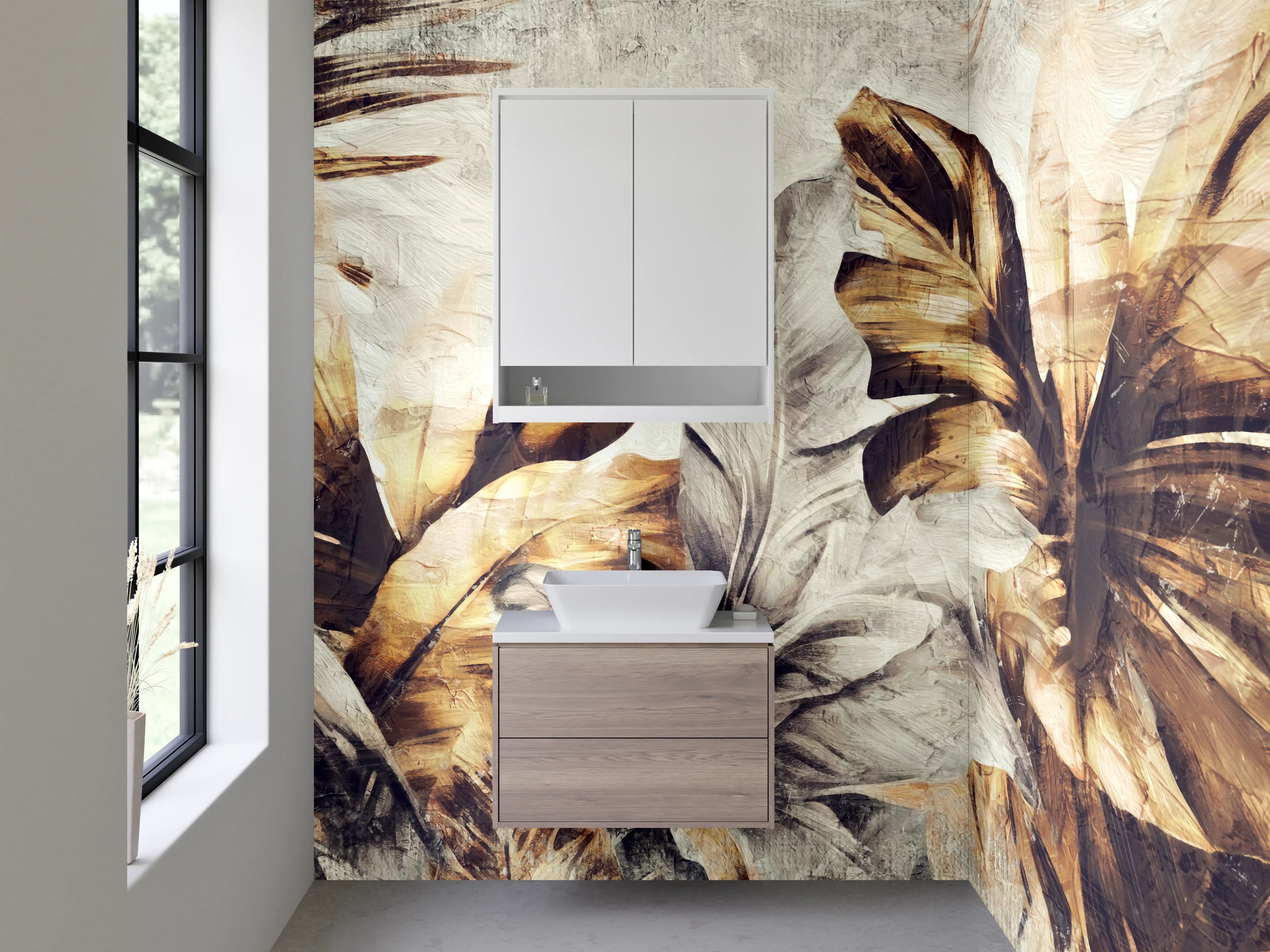 Waschbecken-Rückwand - Tropische Blätter Aquarell Braun Beige