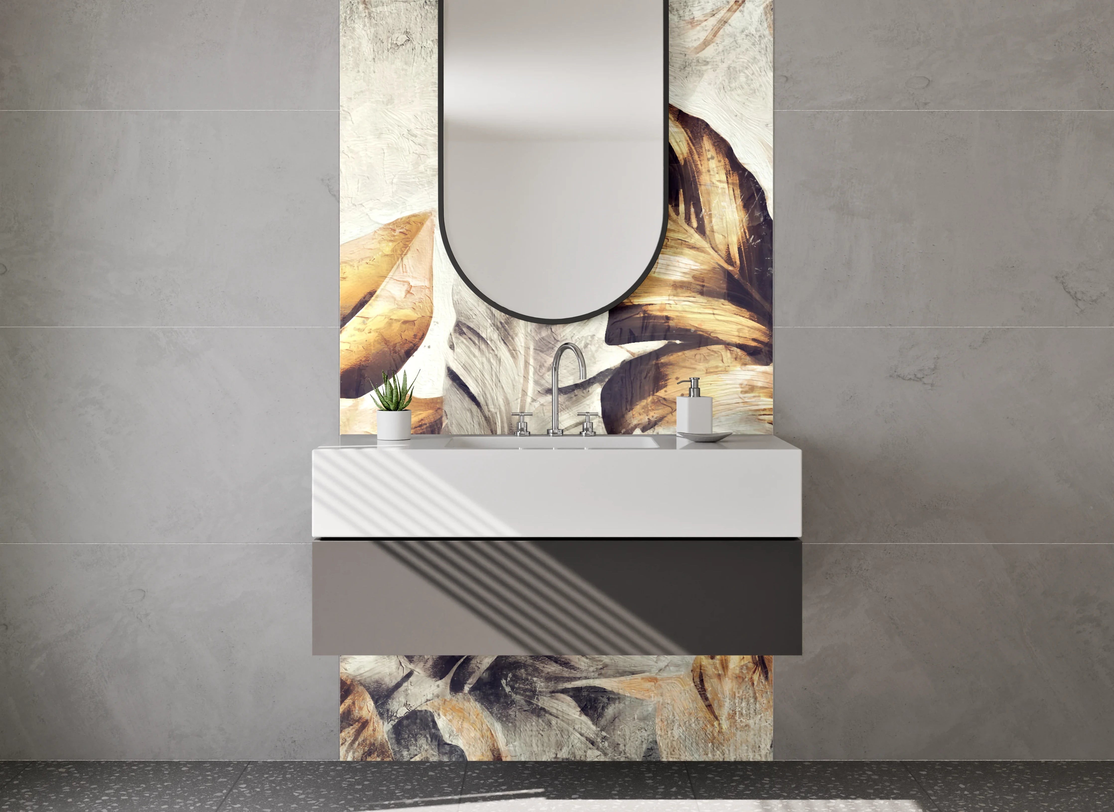 Waschbecken-Rückwand - Tropische Blätter Aquarell Braun Beige