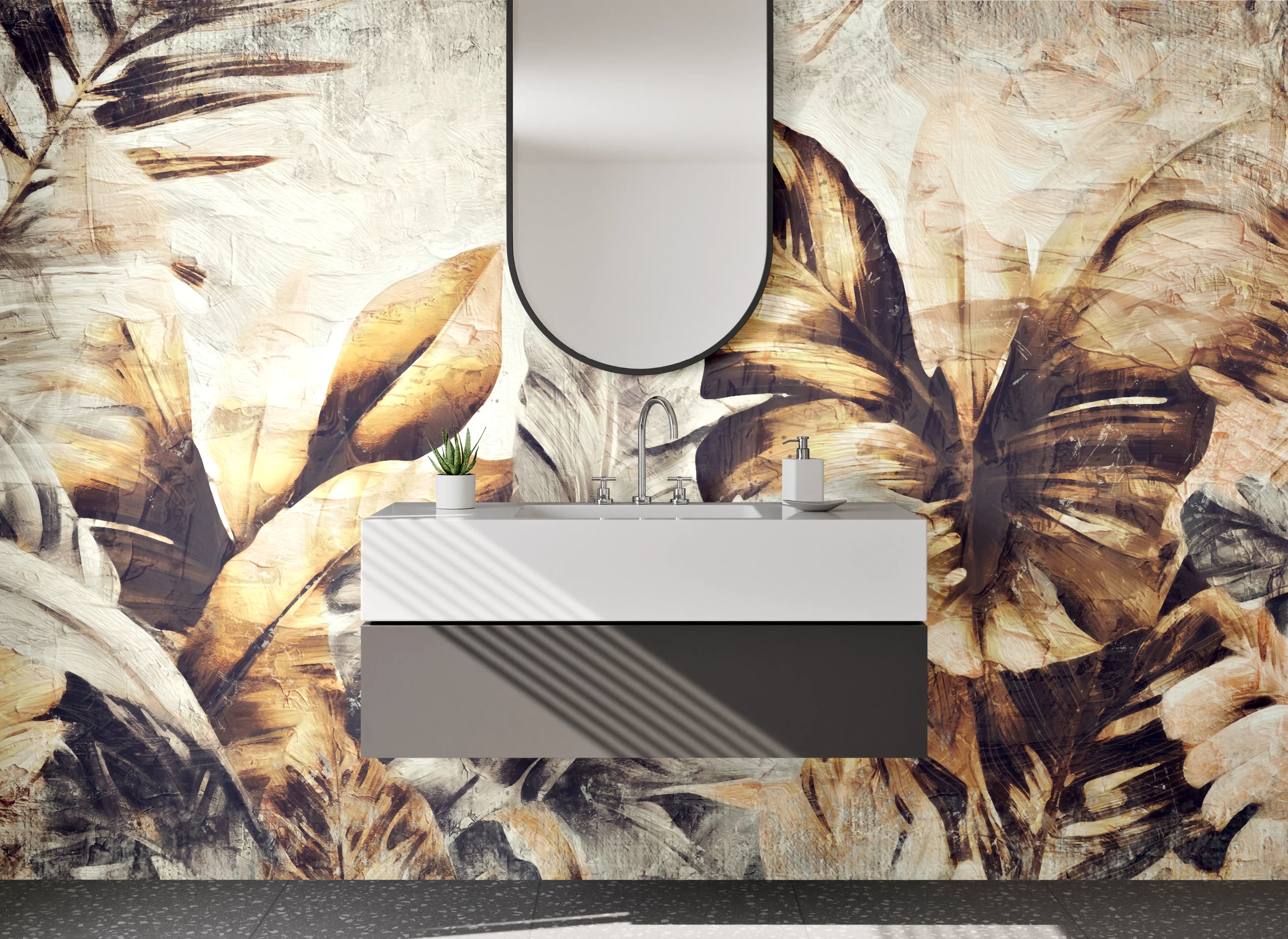 Waschbecken-Rückwand - Tropische Blätter Aquarell Braun Beige