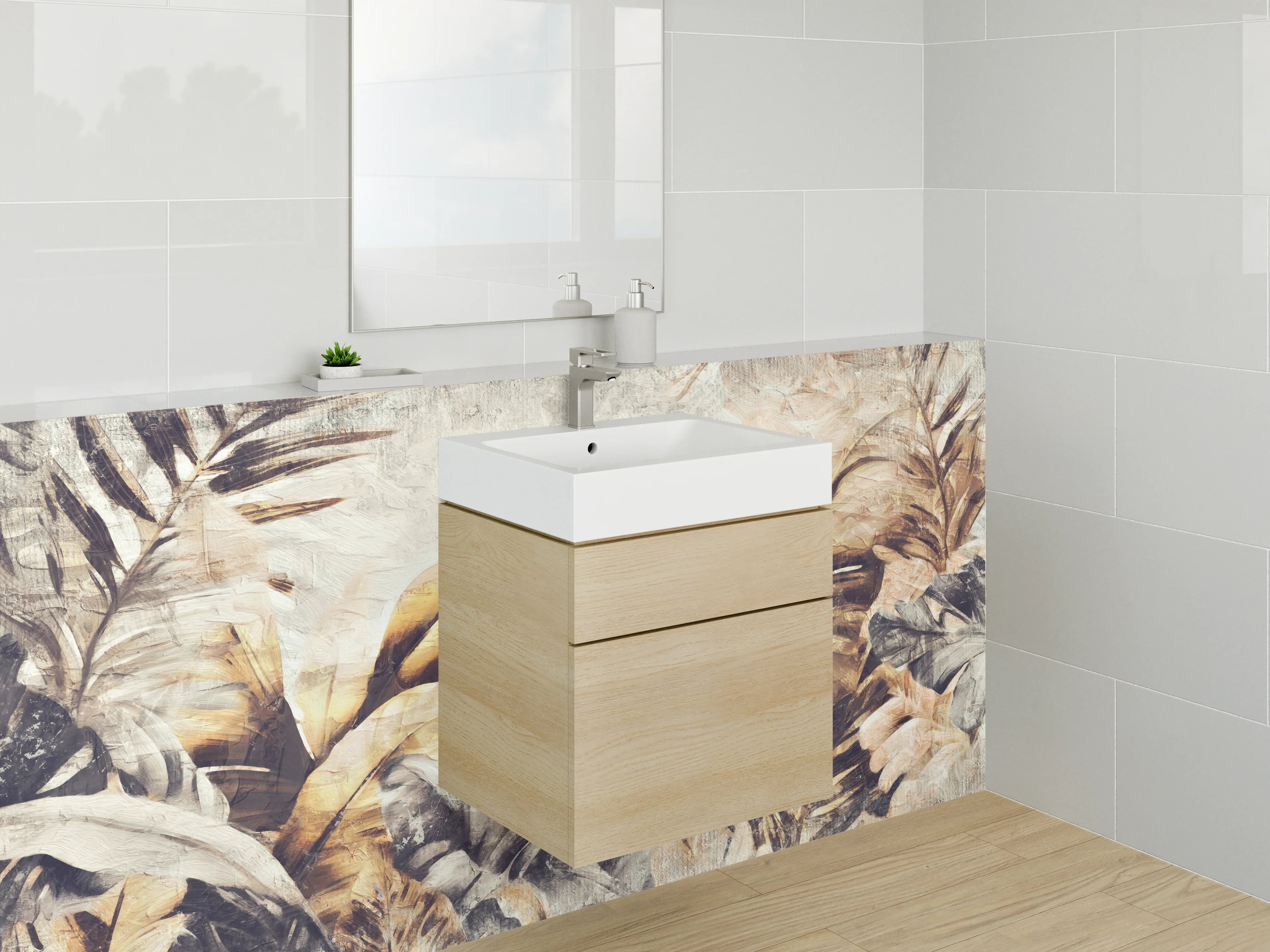 Waschbecken-Rückwand - Tropische Blätter Aquarell Braun Beige