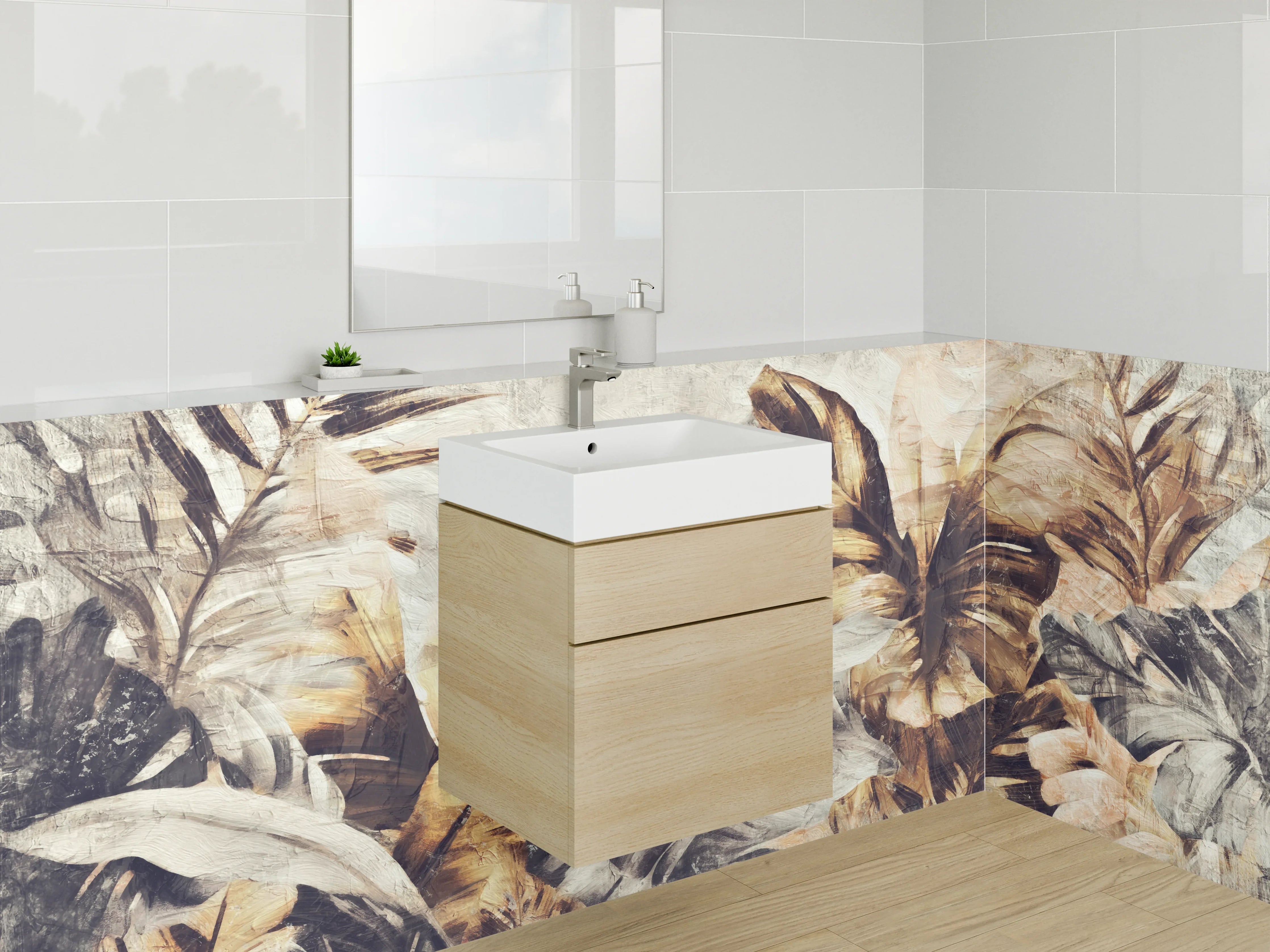 Waschbecken-Rückwand - Tropische Blätter Aquarell Braun Beige