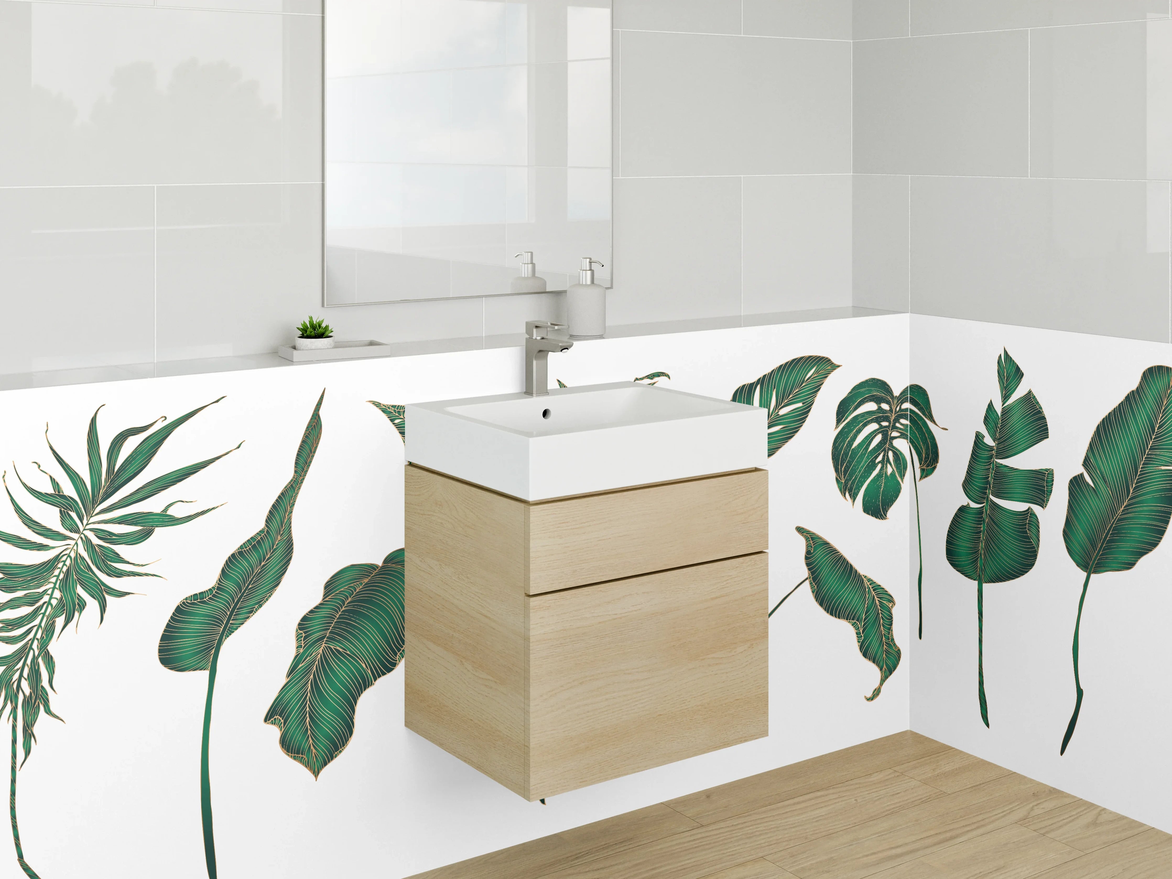 Waschbecken-Rückwand - Tropische Blätter Illustration Dschungelgrün