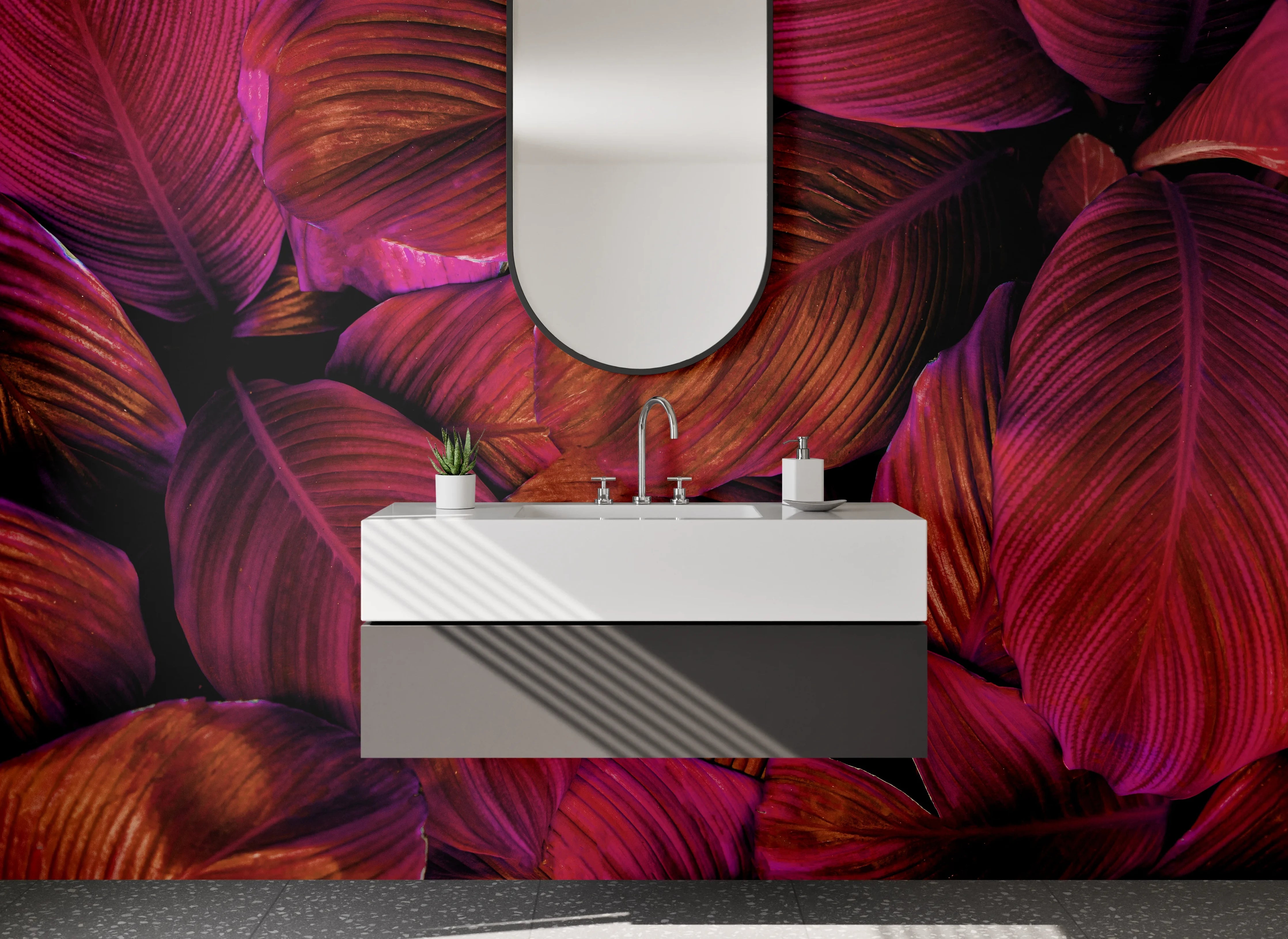 Waschbecken-Rückwand - Tropische Blätter in Magenta-Lila