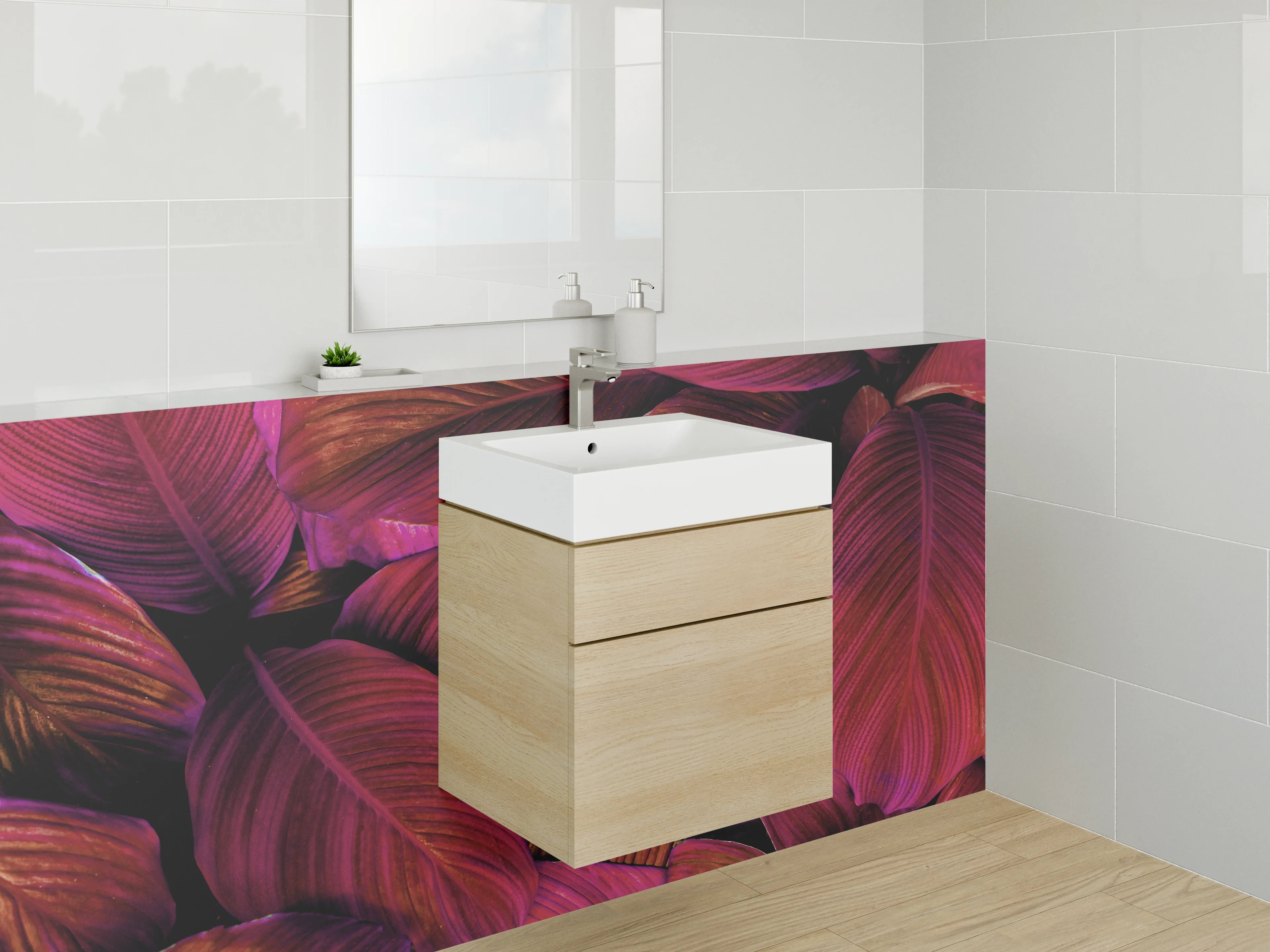 Waschbecken-Rückwand - Tropische Blätter in Magenta-Lila
