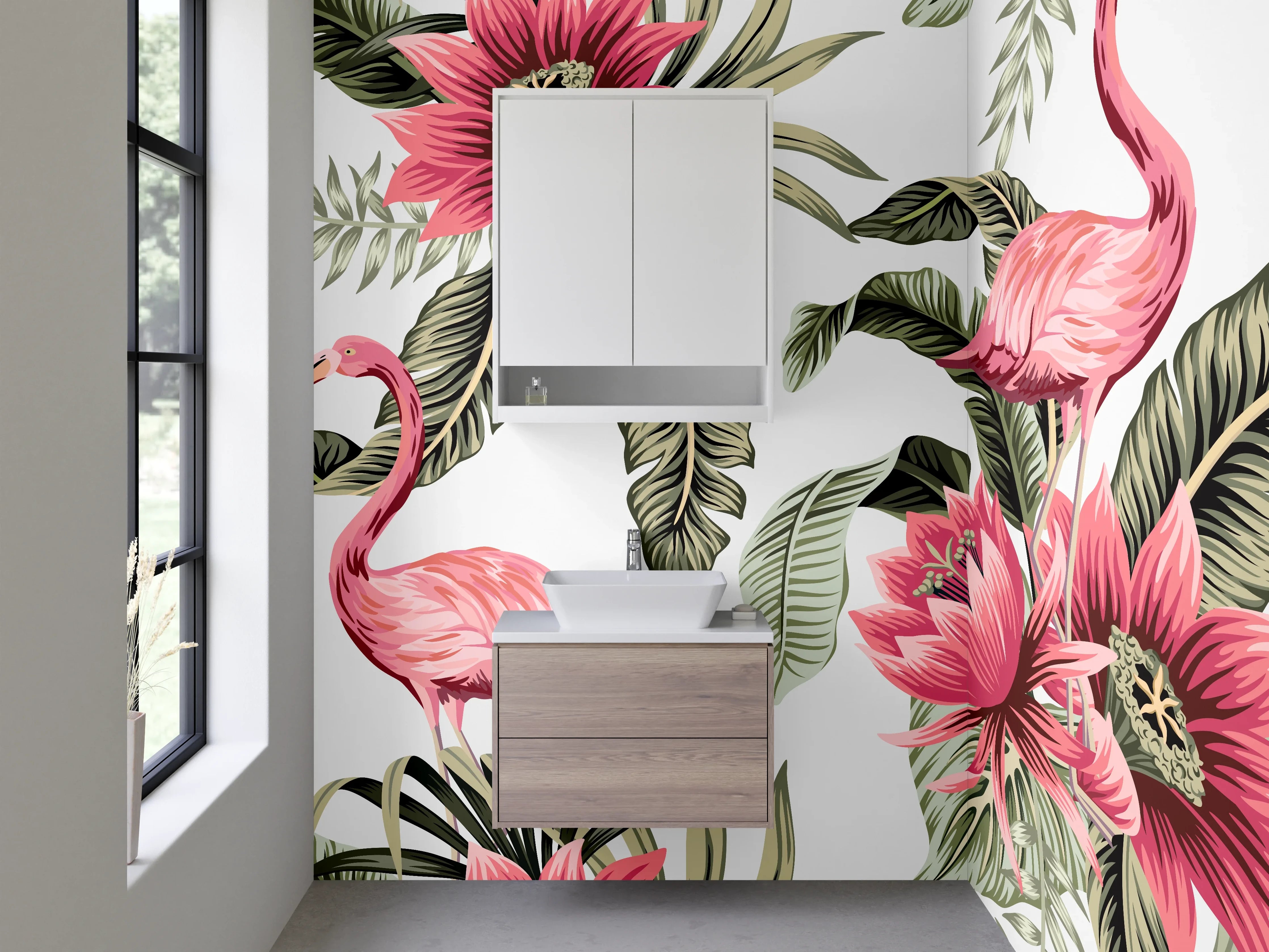 Waschbecken-Rückwand - Tropische Flamingos und Blüten