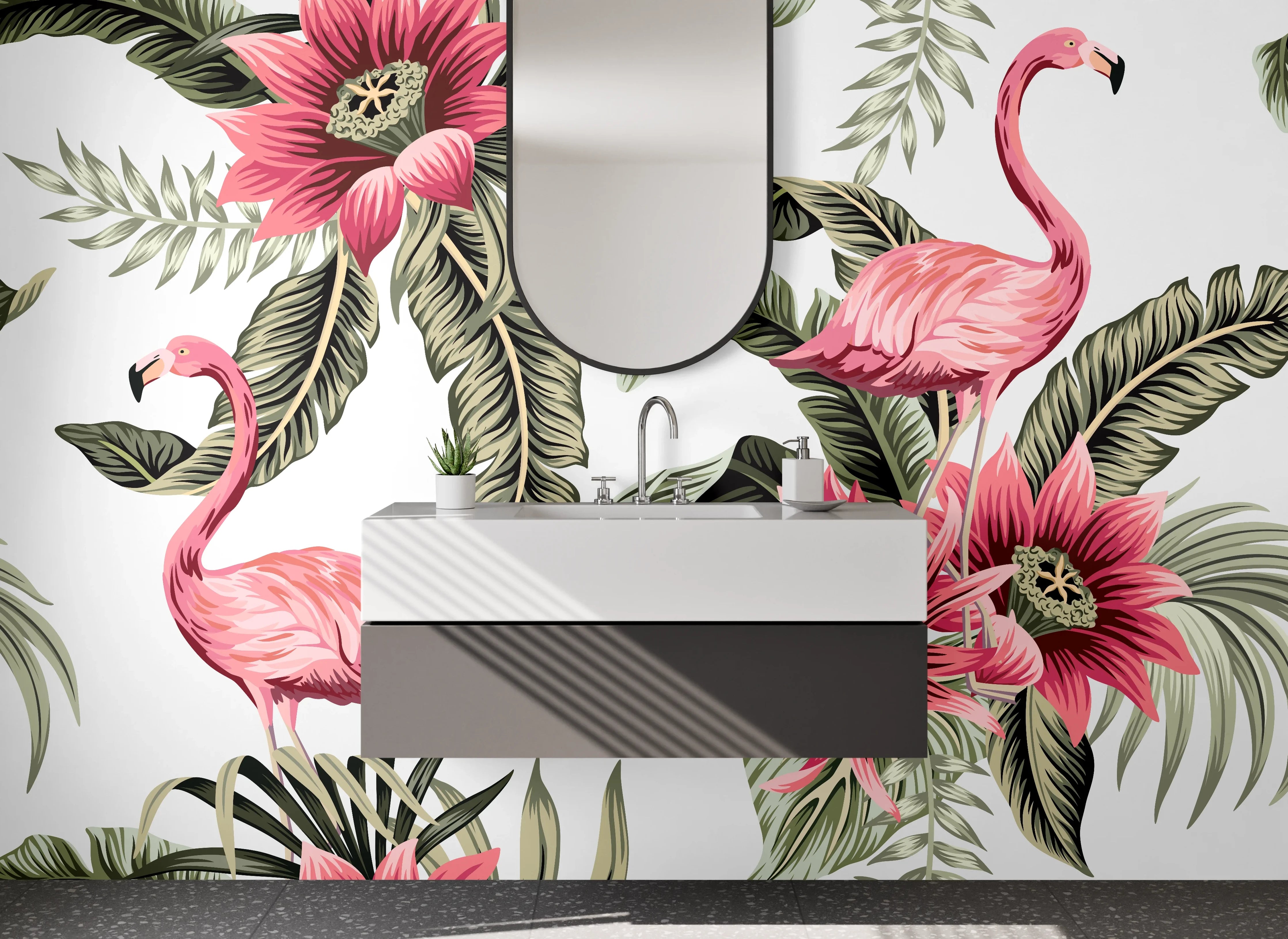 Waschbecken-Rückwand - Tropische Flamingos und Blüten