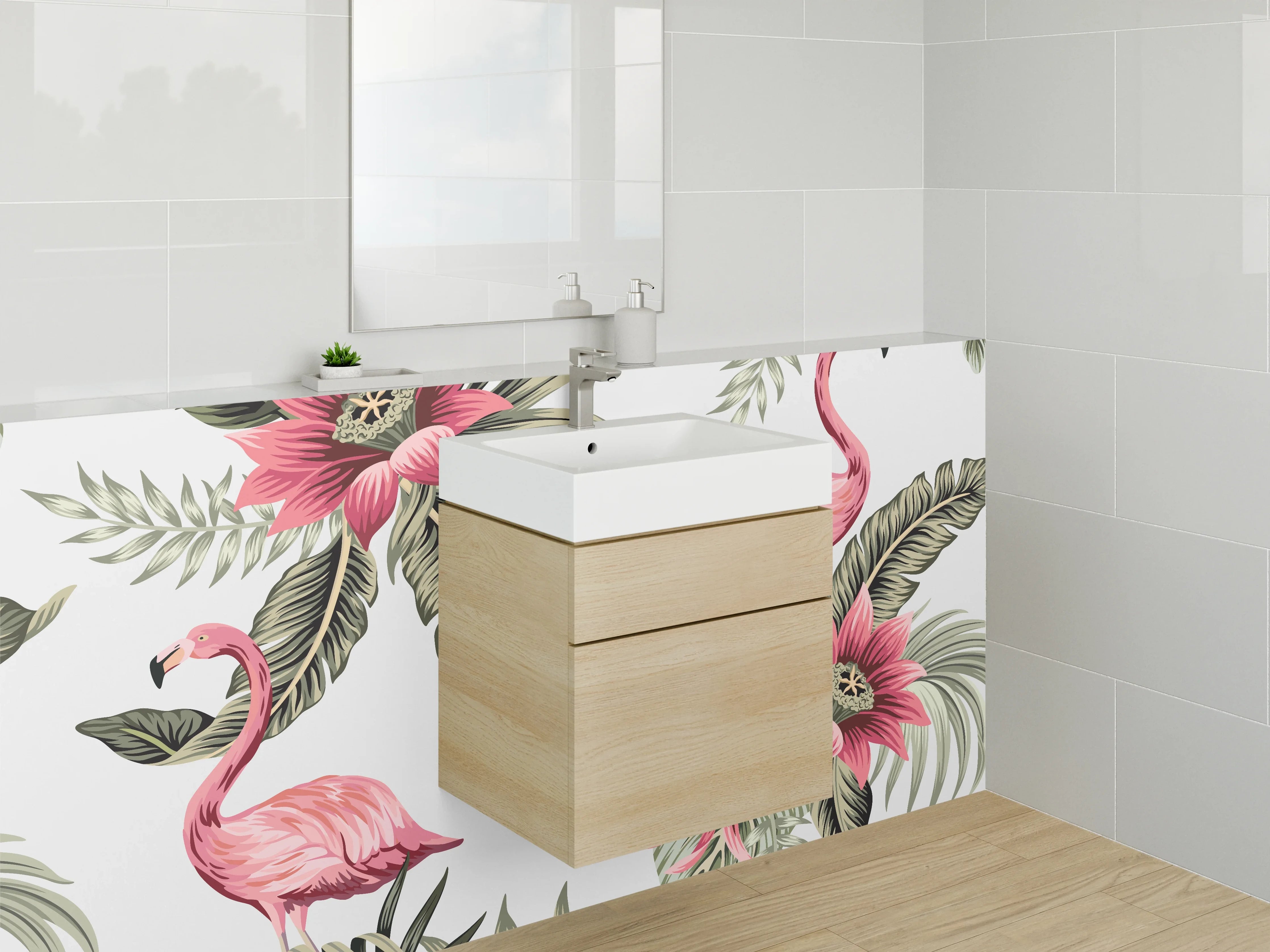 Waschbecken-Rückwand - Tropische Flamingos und Blüten