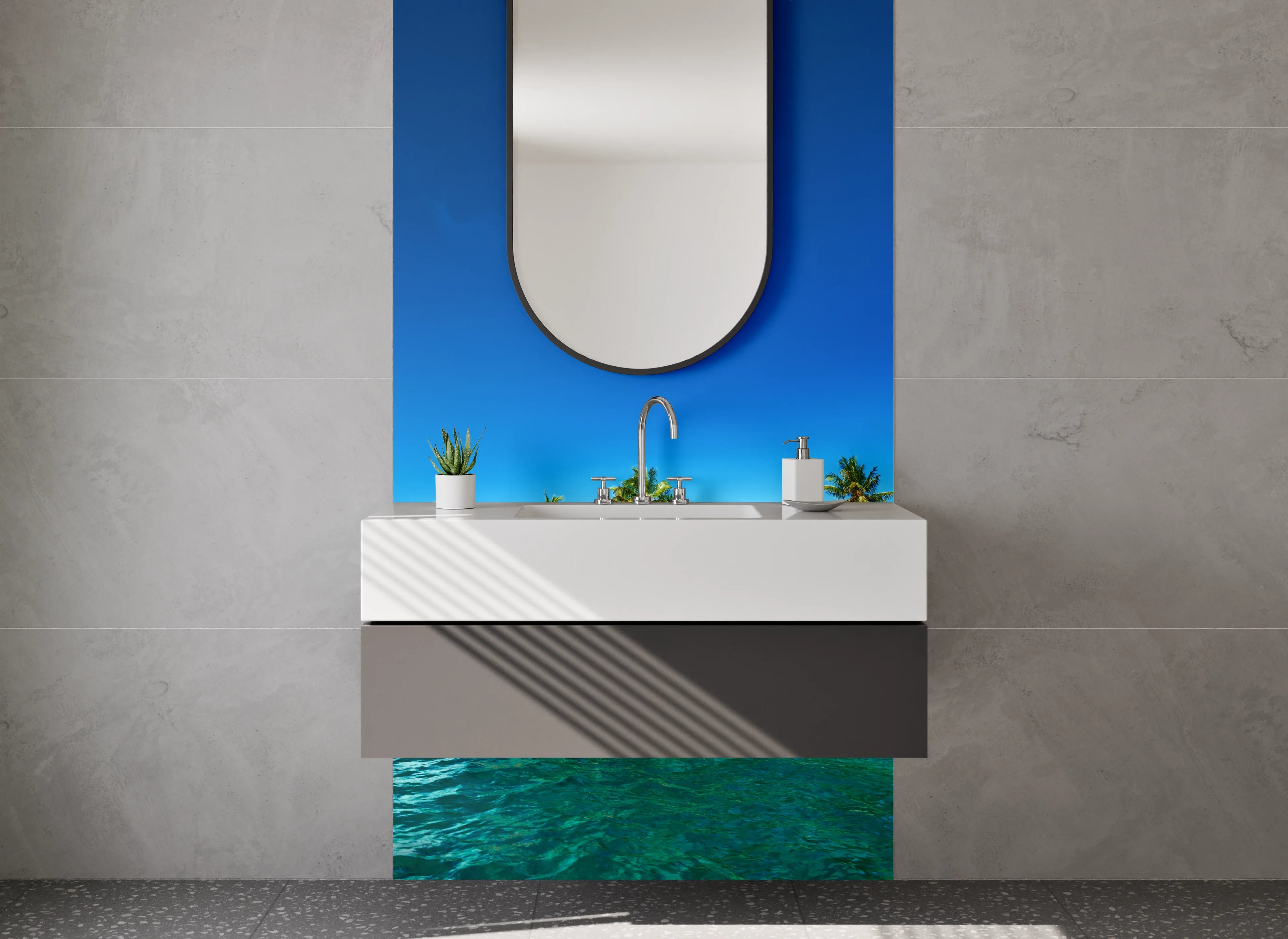 Waschbecken-Rückwand - Tropische Insel mit Palmen und Felsen im blauen Meer