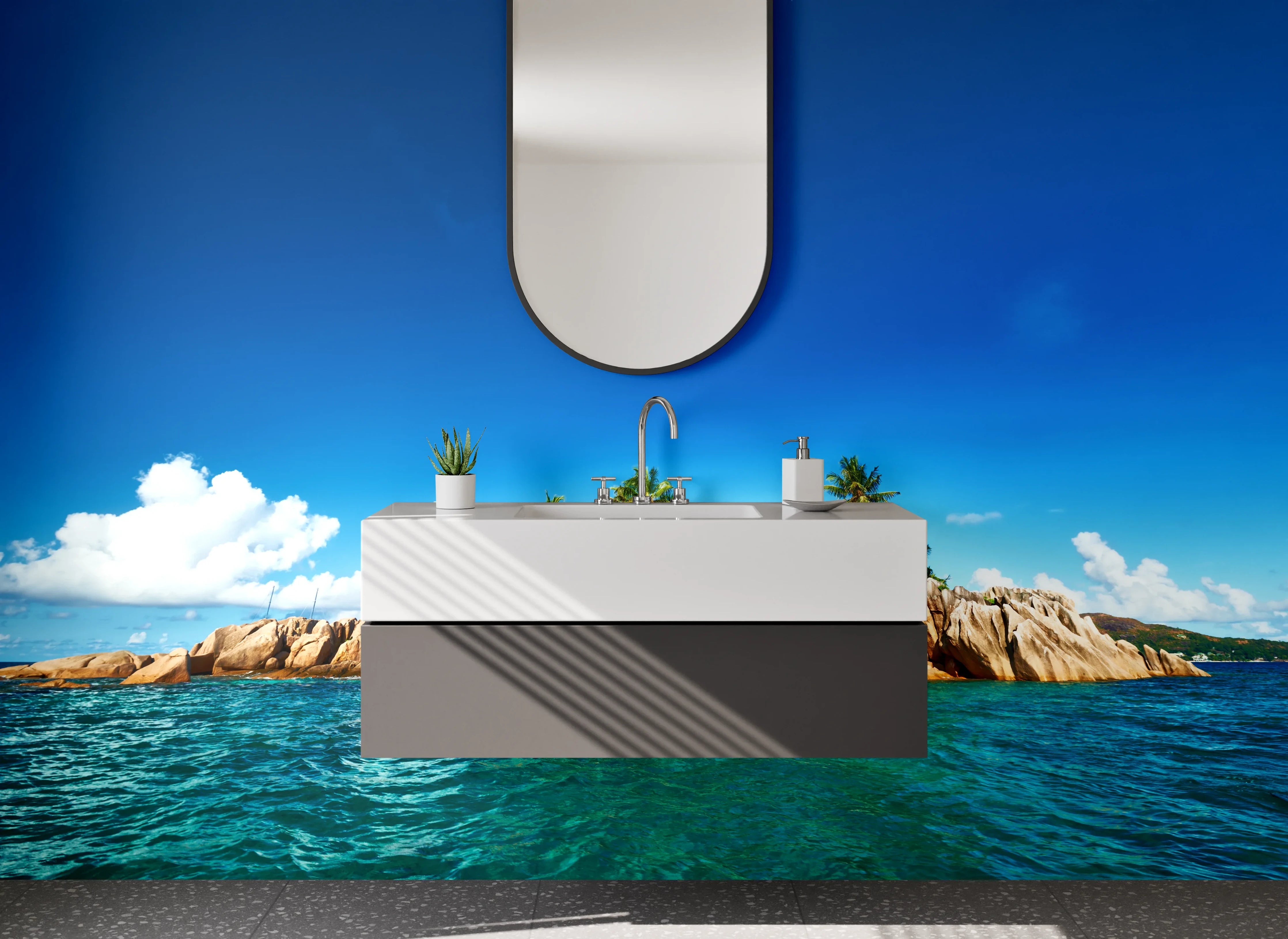 Waschbecken-Rückwand - Tropische Insel mit Palmen und Felsen im blauen Meer