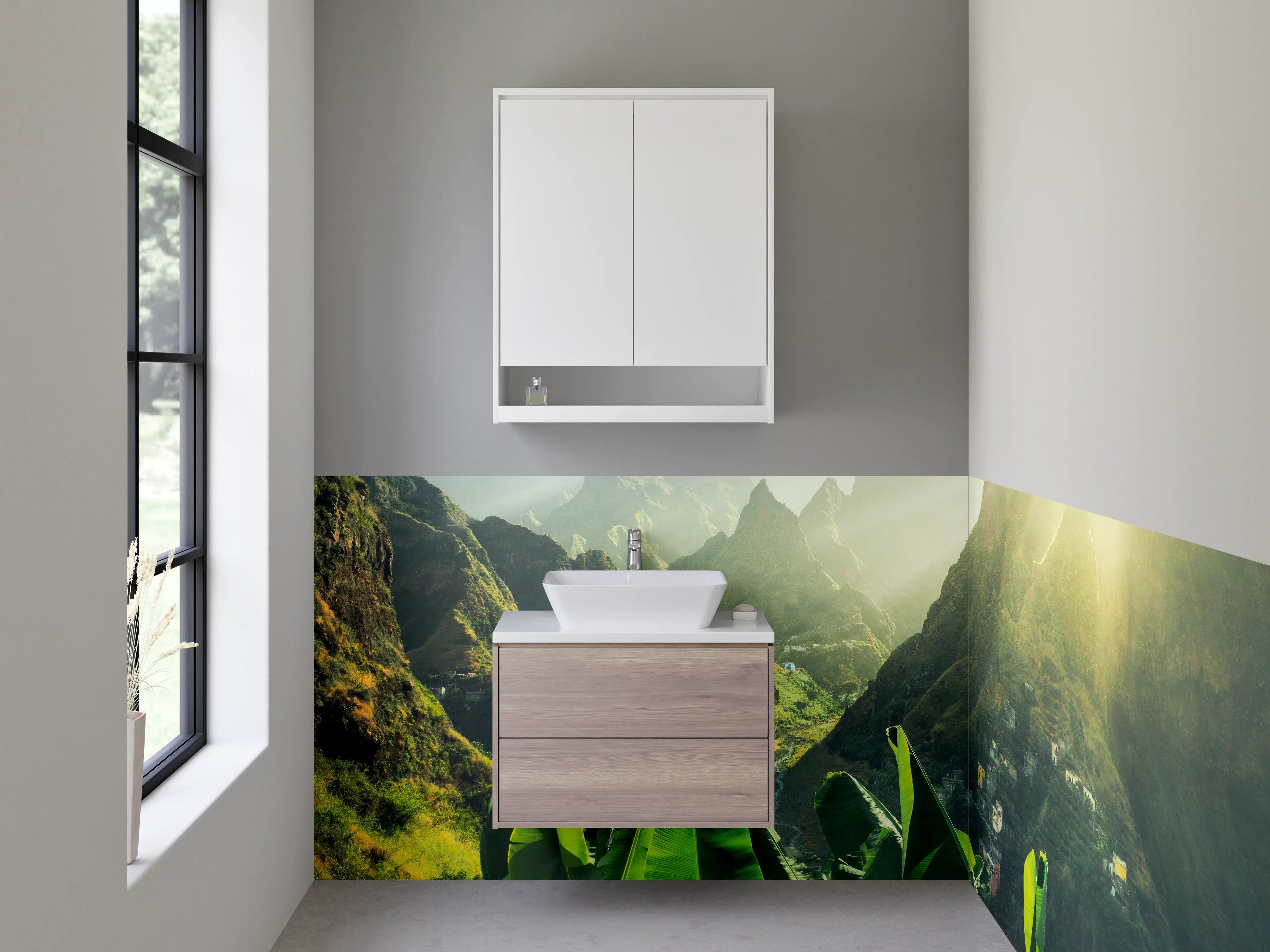 Waschbecken-Rückwand - Tropische Landschaft mit Bergen und Dschungel