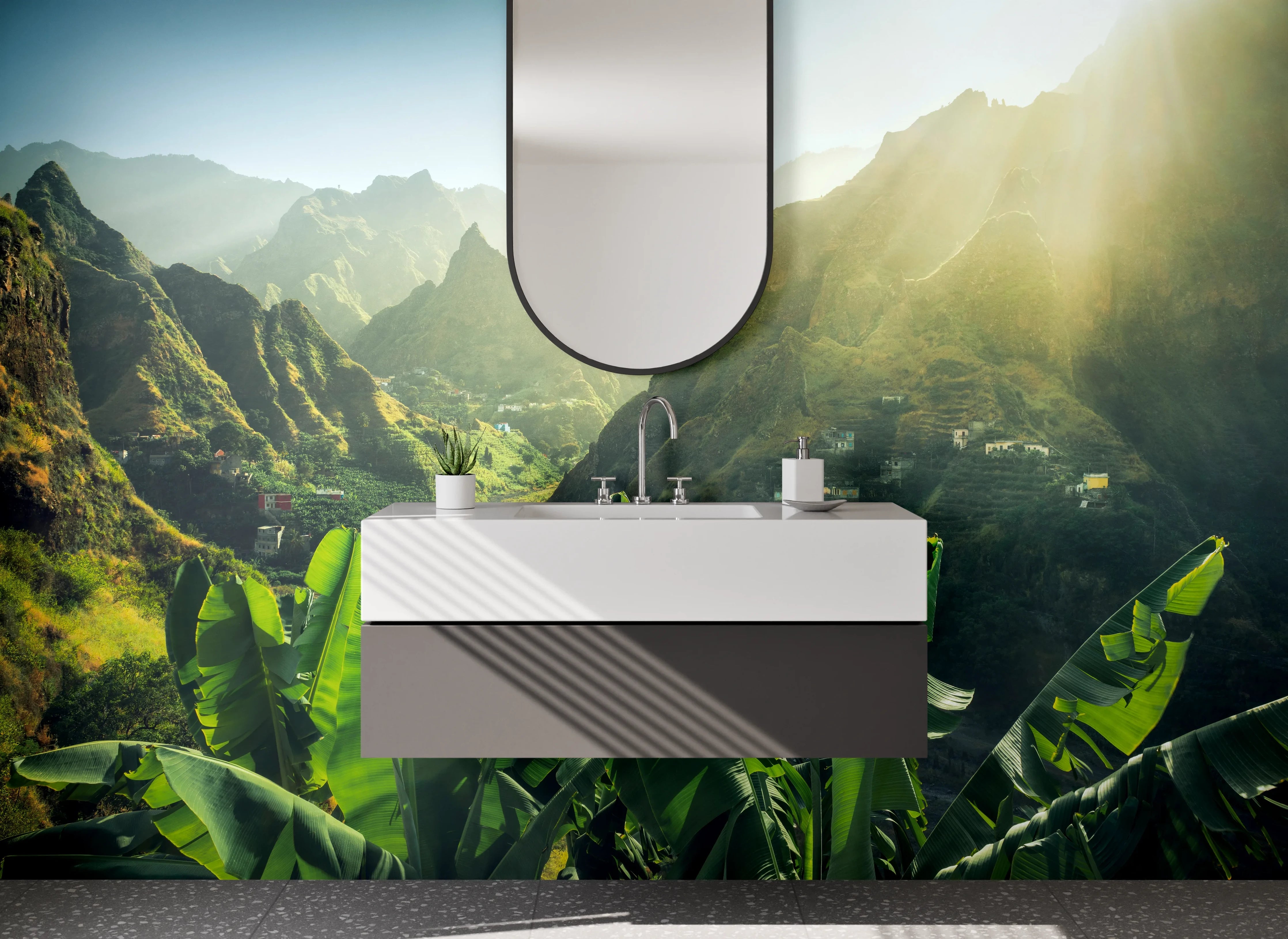 Waschbecken-Rückwand - Tropische Landschaft mit Bergen und Dschungel