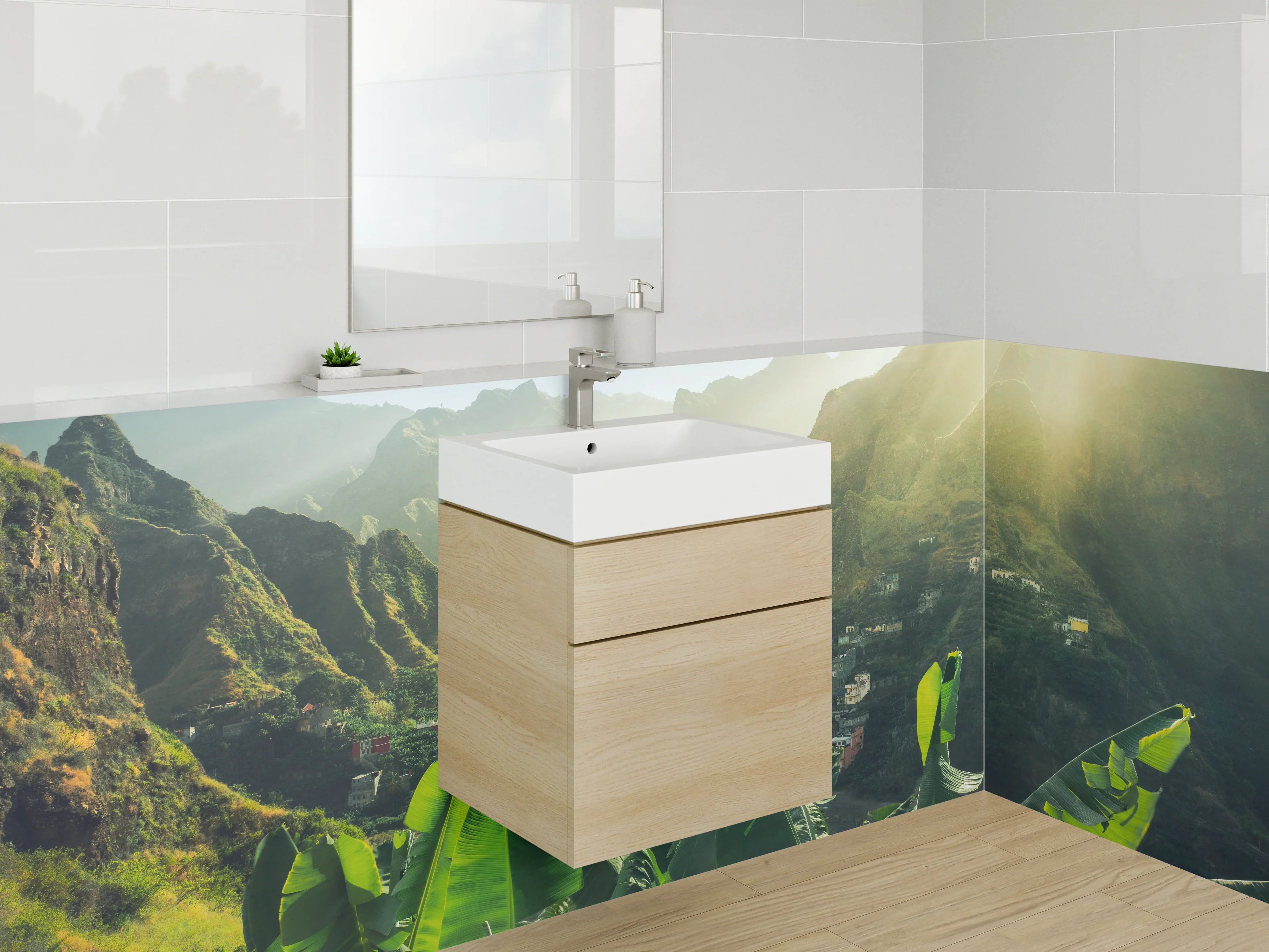 Waschbecken-Rückwand - Tropische Landschaft mit Bergen und Dschungel