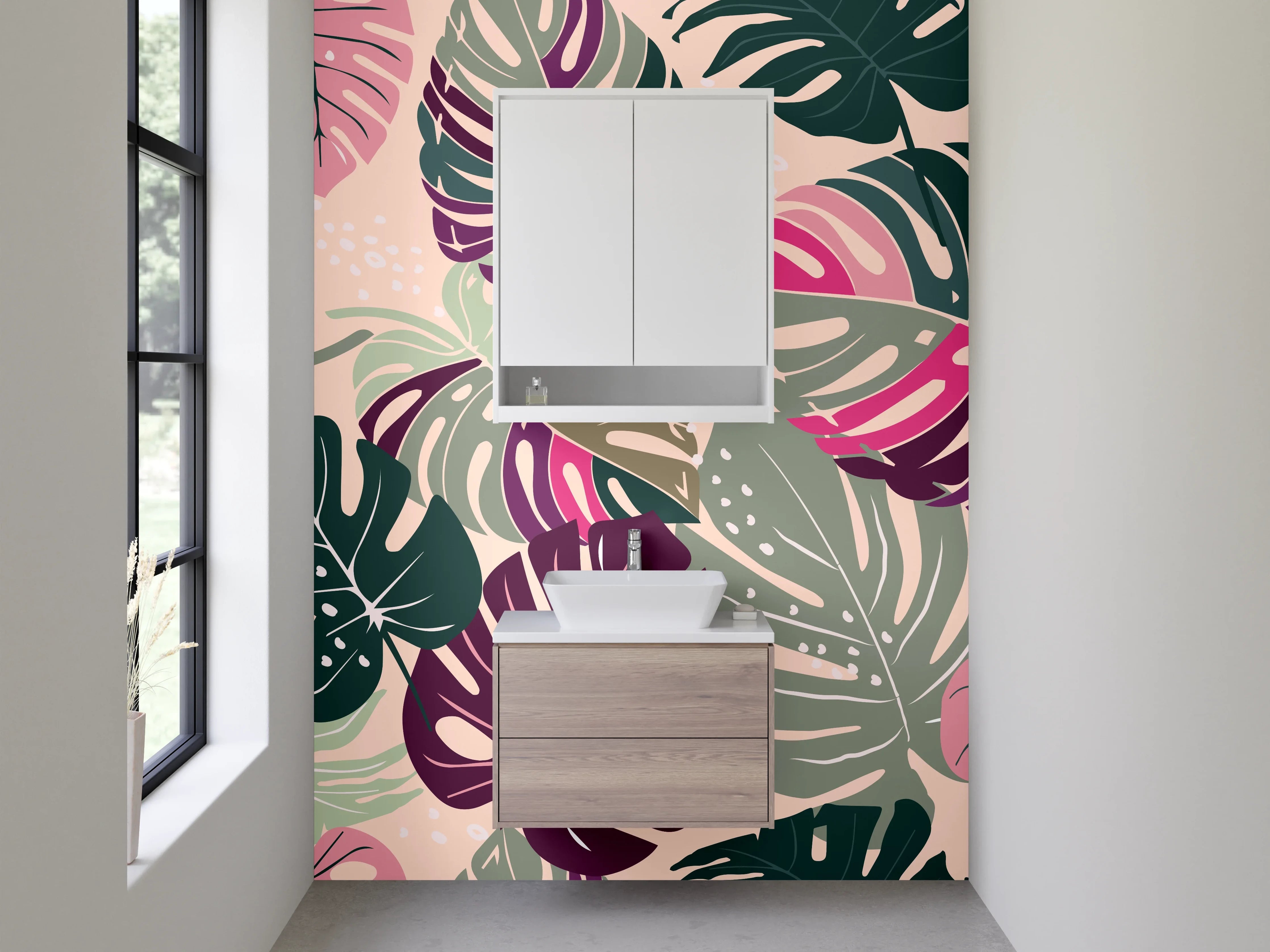 Waschbecken-Rückwand - Tropische Monstera Blätter Muster Retro