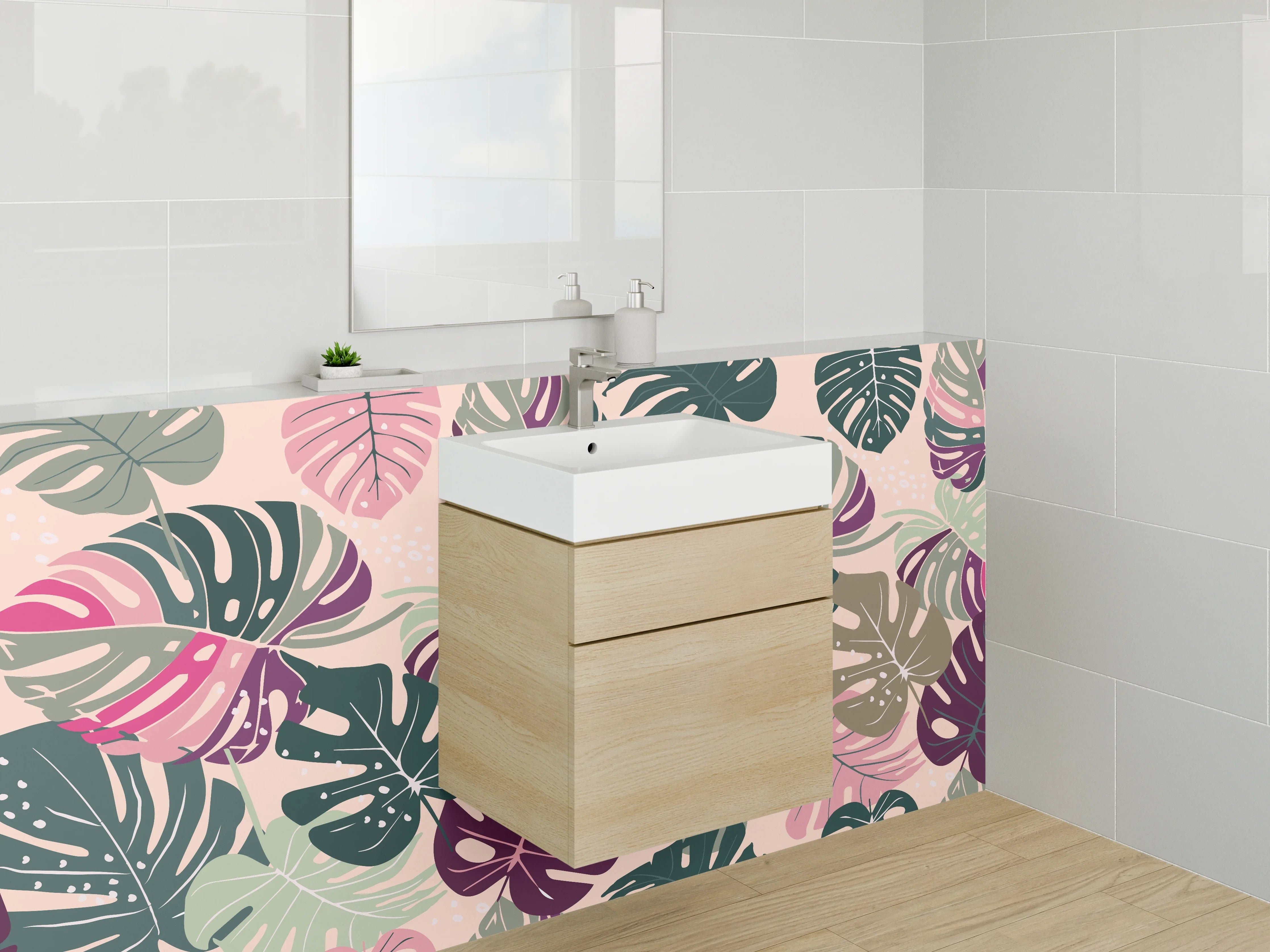 Waschbecken-Rückwand - Tropische Monstera Blätter Muster Retro