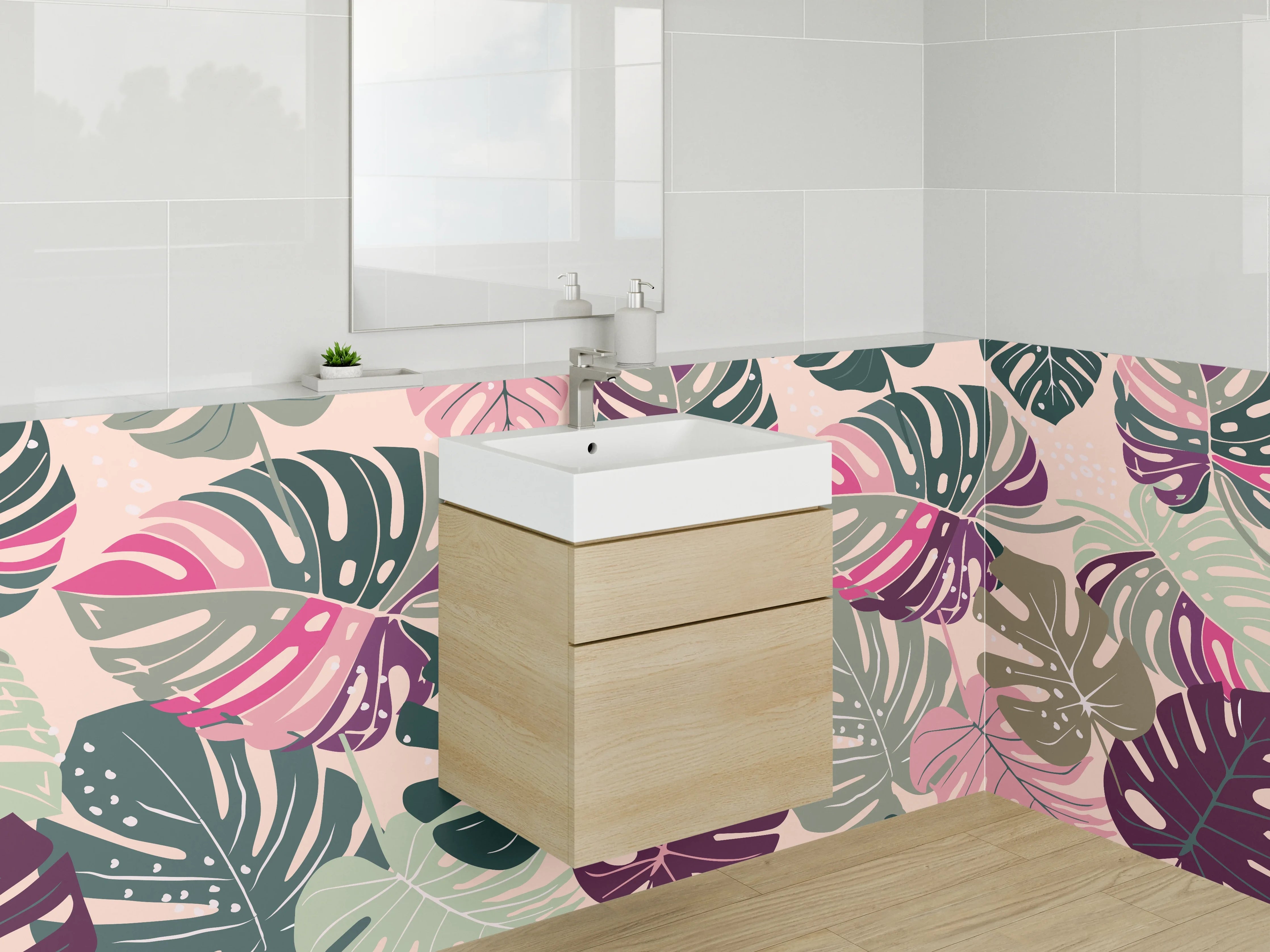 Waschbecken-Rückwand - Tropische Monstera Blätter Muster Retro