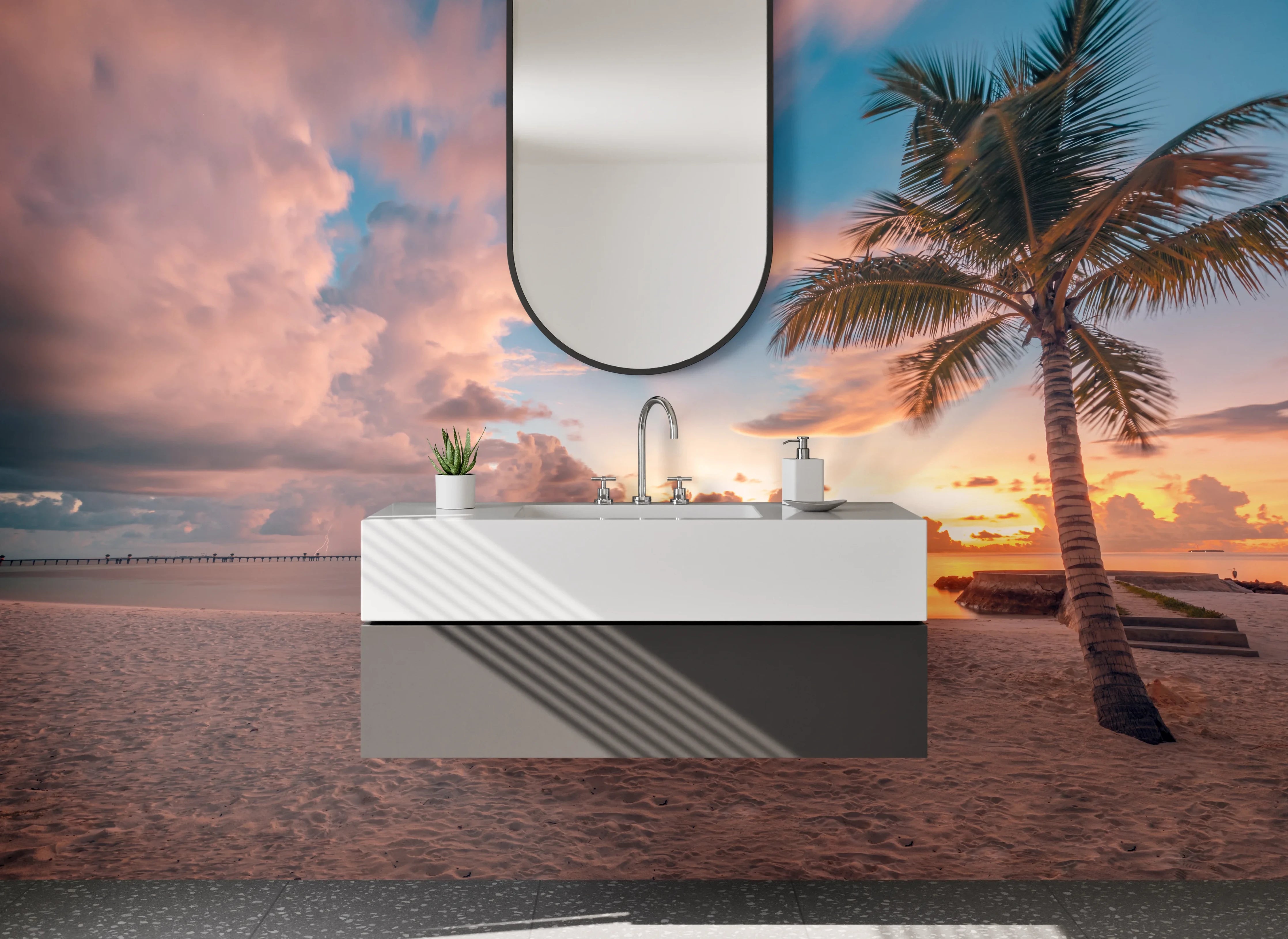 Waschbecken-Rückwand - Tropische Strandkulisse bei Sonnenuntergang