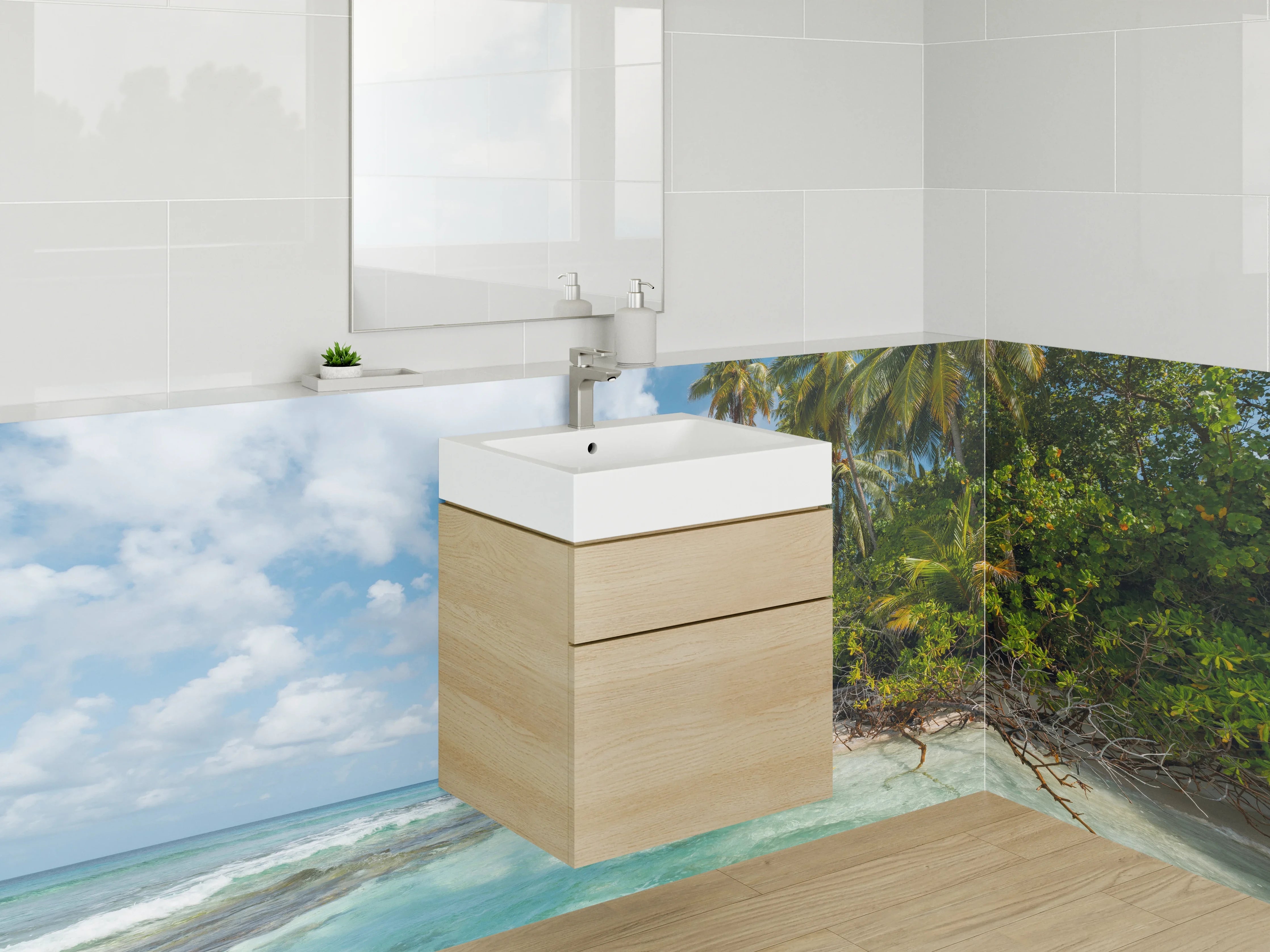 Waschbecken-Rückwand - Tropische Strandkulisse mit Palmen und klarem Wasser