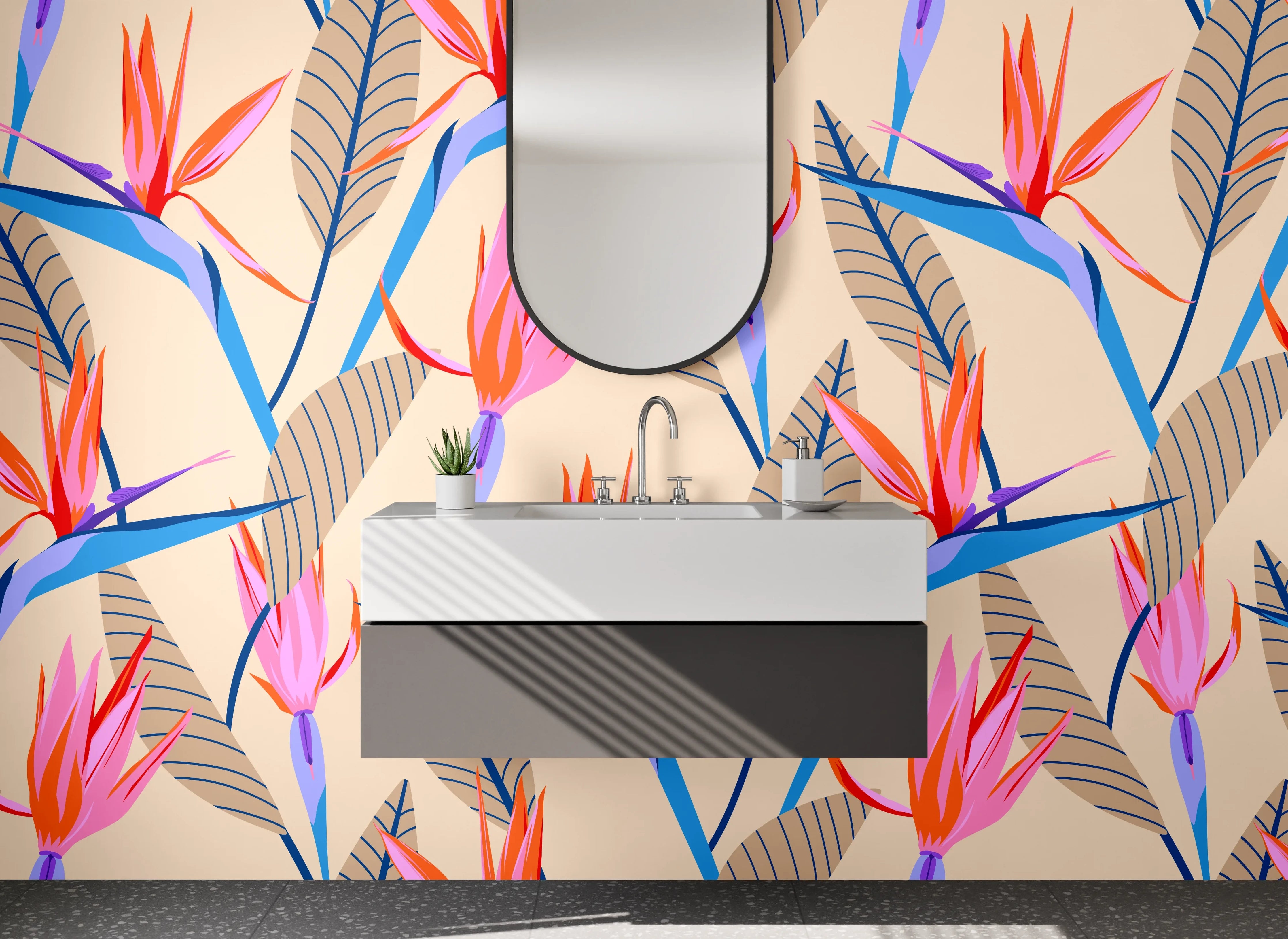 Waschbecken-Rückwand - Tropische Strelitzien Blumen Illustrationsmuster