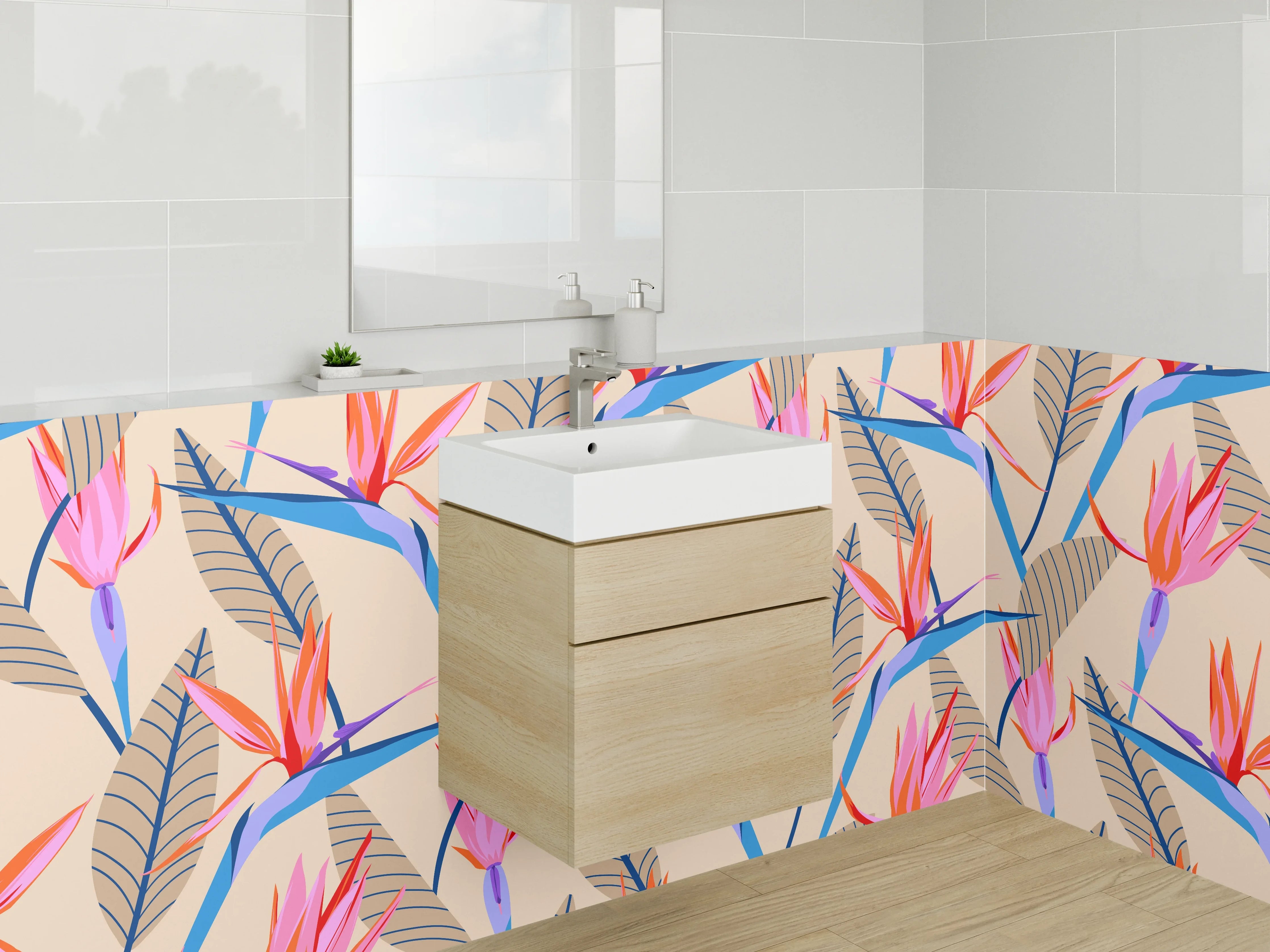 Waschbecken-Rückwand - Tropische Strelitzien Blumen Illustrationsmuster