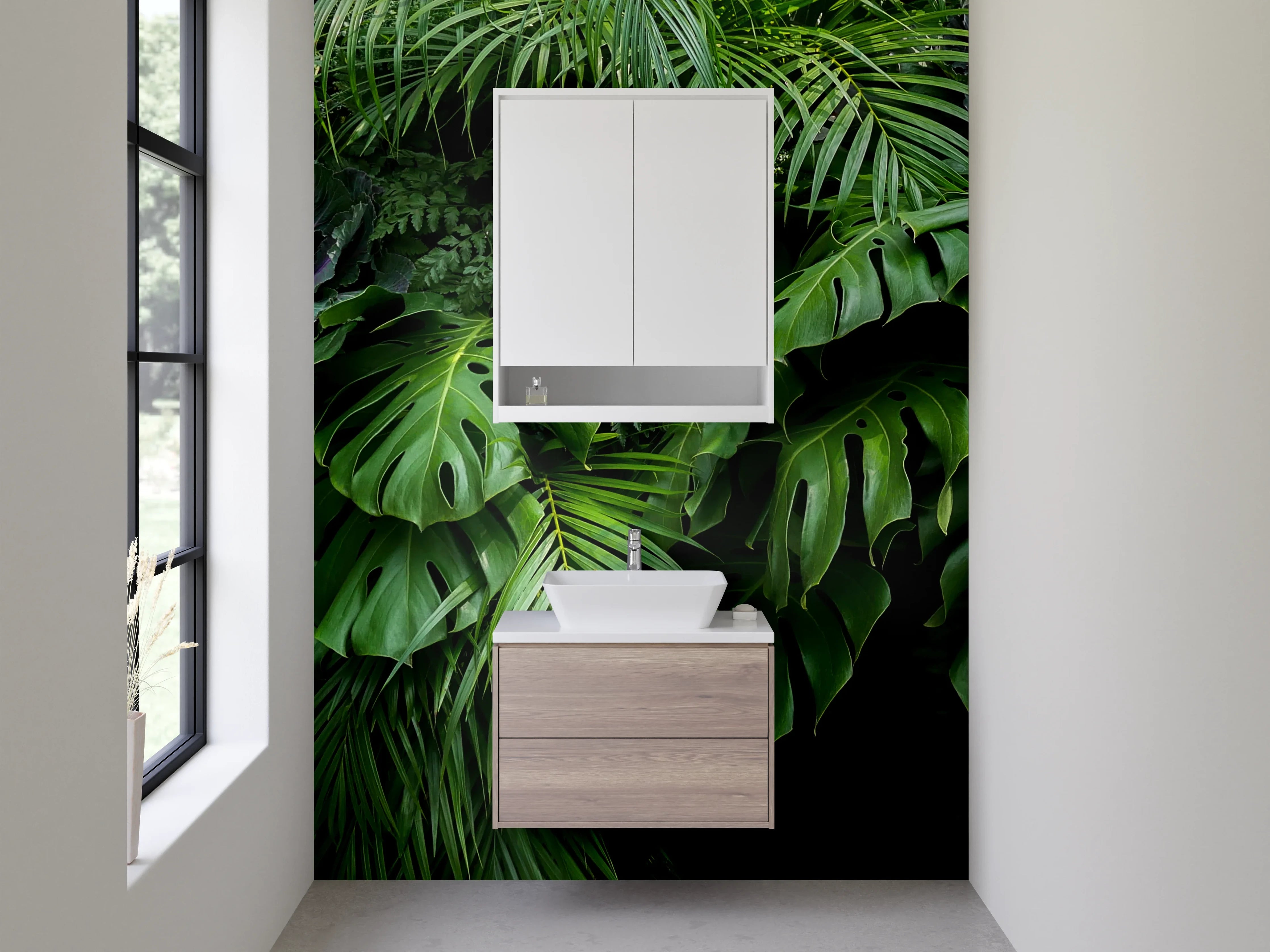 Waschbecken-Rückwand - Tropischer Dschungel mit Monstera-Blättern