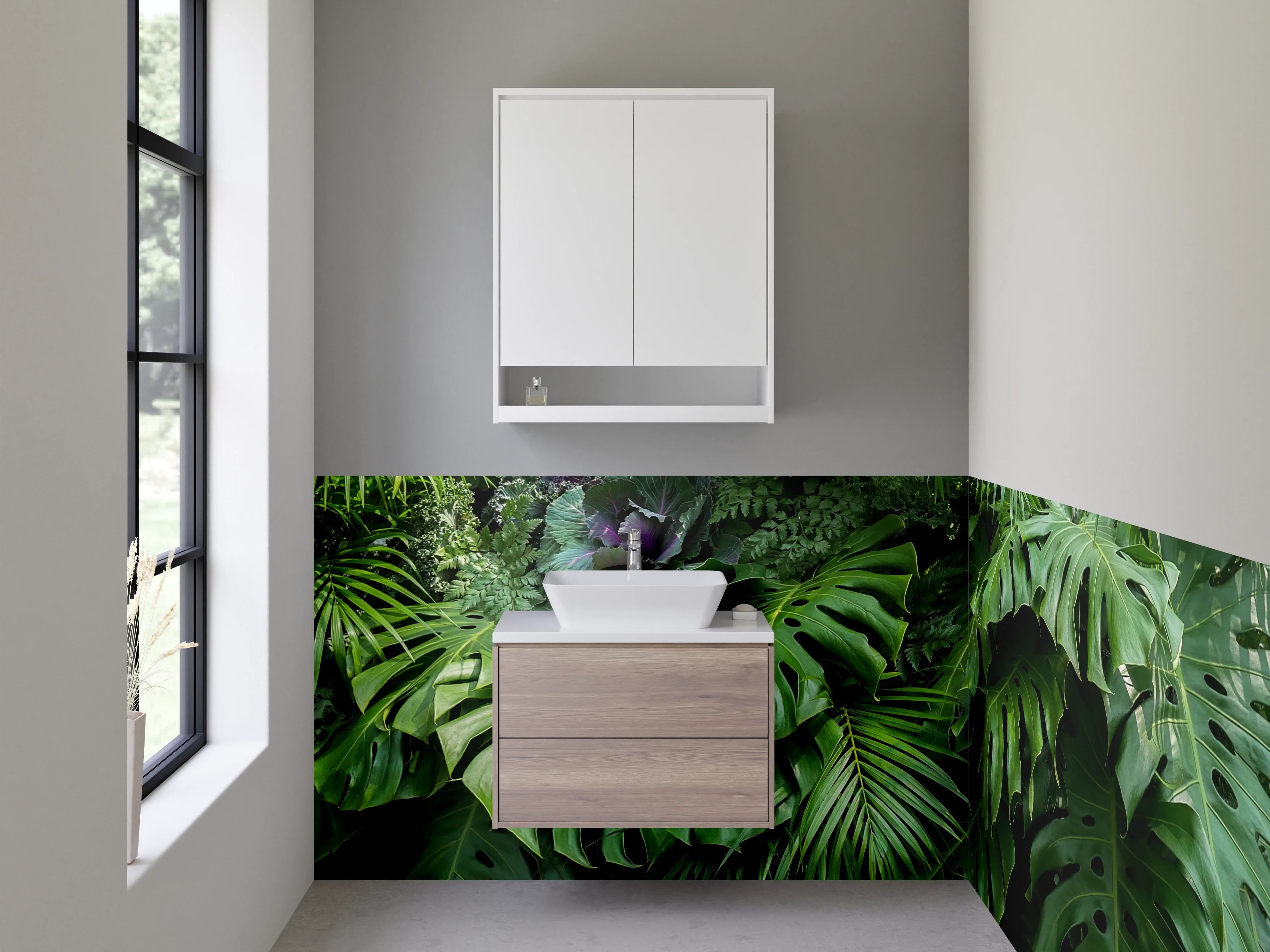 Waschbecken-Rückwand - Tropischer Dschungel mit Monstera-Blättern