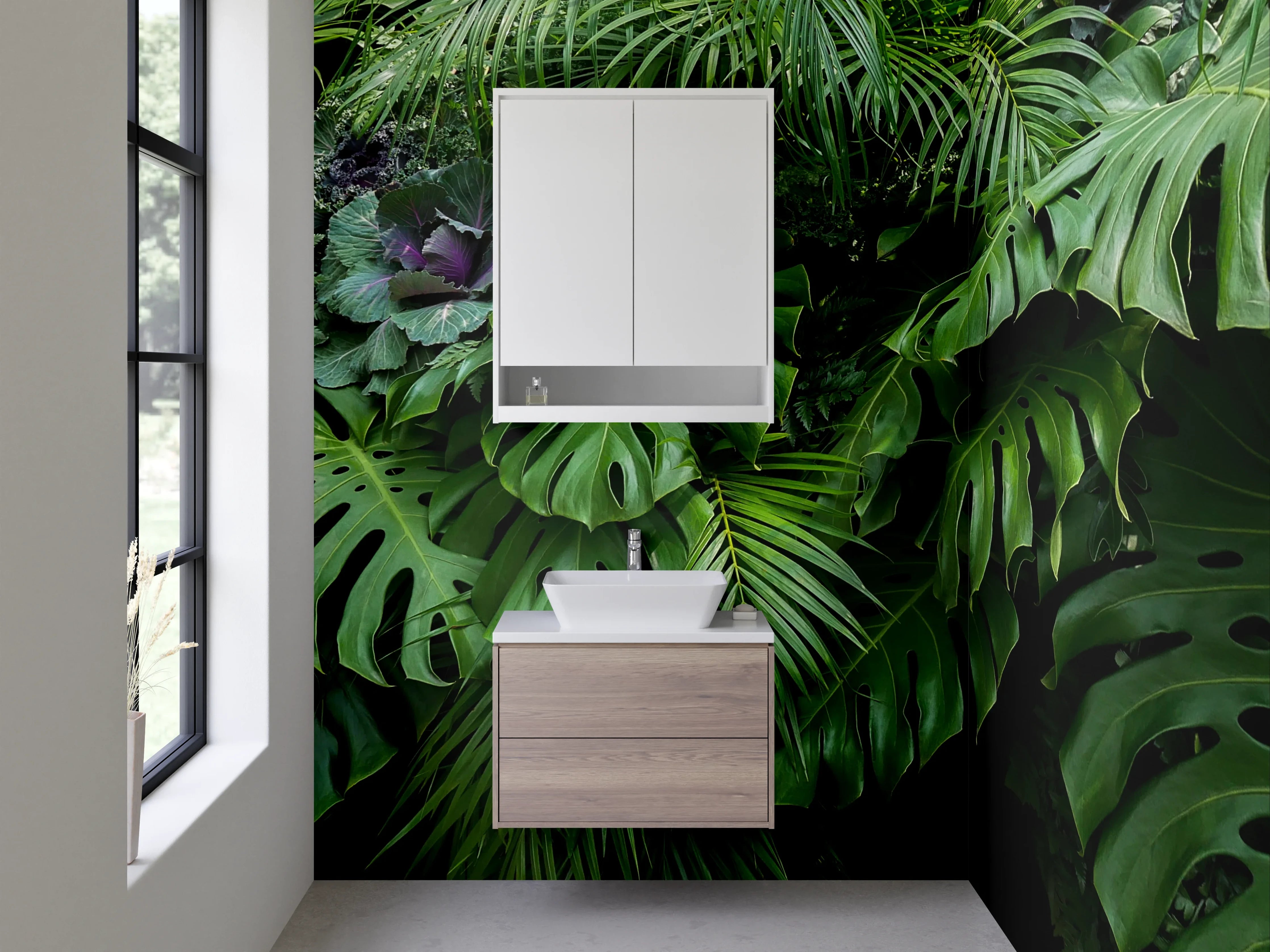 Waschbecken-Rückwand - Tropischer Dschungel mit Monstera-Blättern