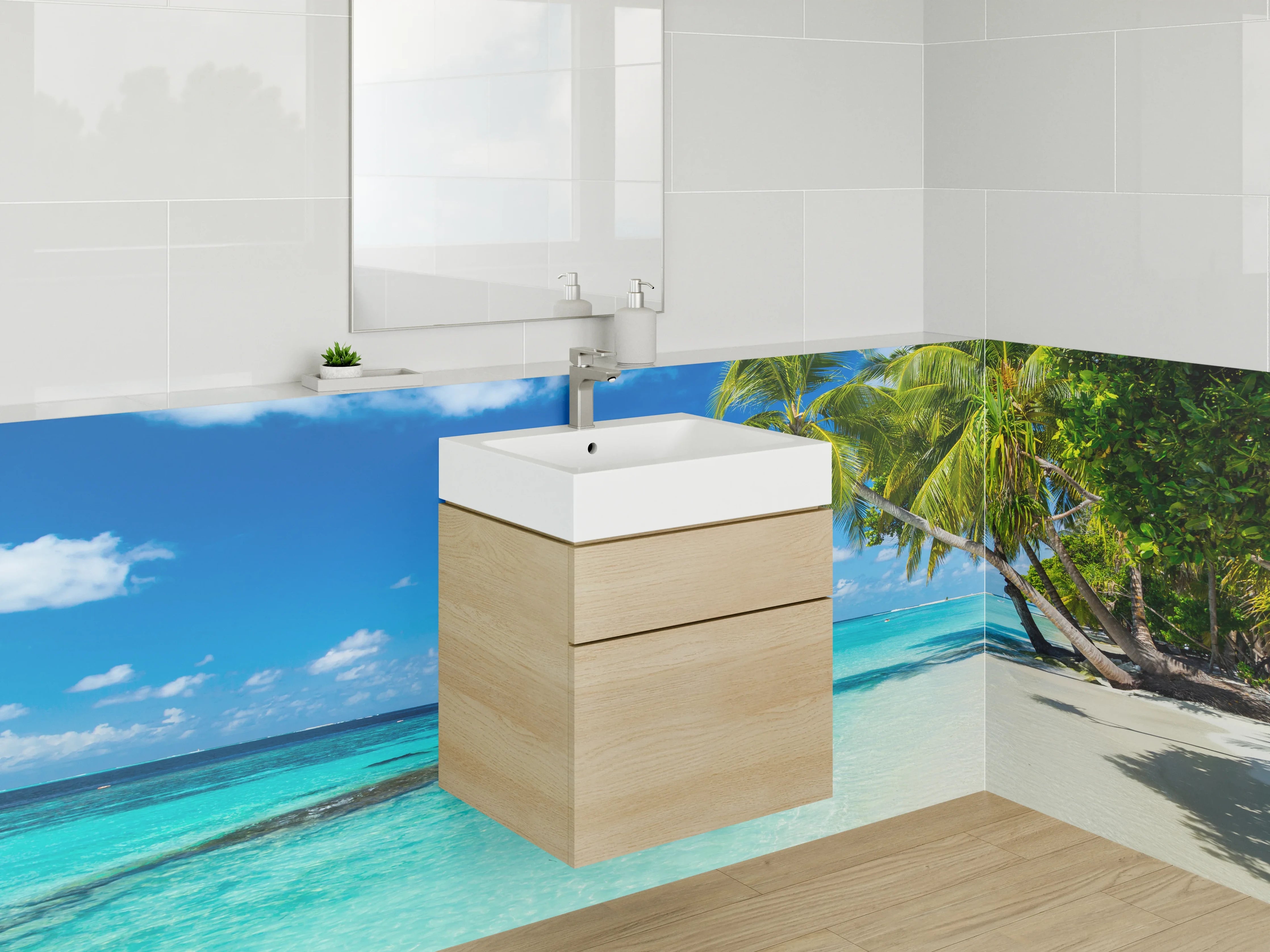 Waschbecken-Rückwand - Tropischer Strand mit Palmen und klarem Wasser