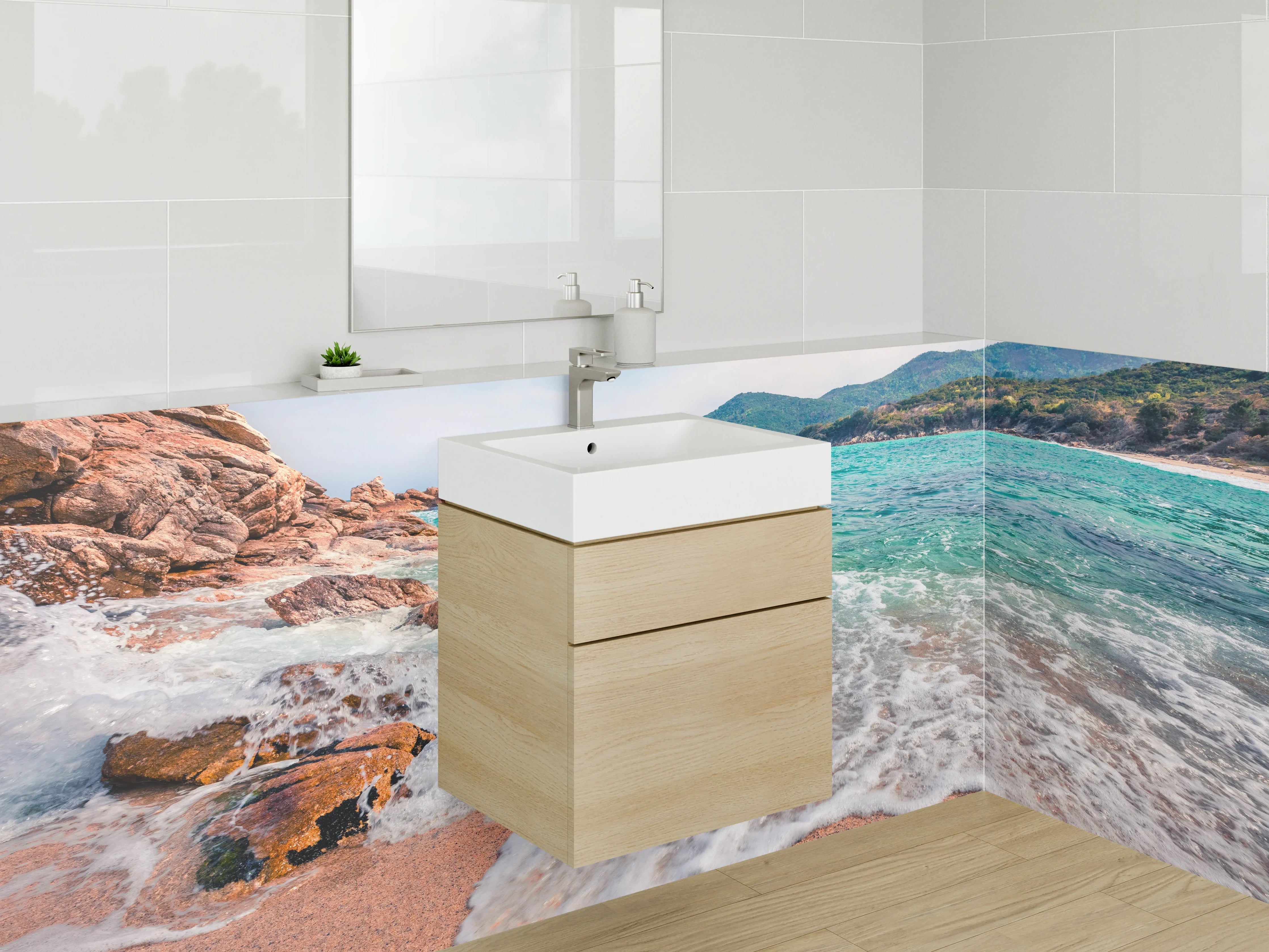 Waschbecken-Rückwand - Tropischer Strand mit klarem Wasser und Bergen