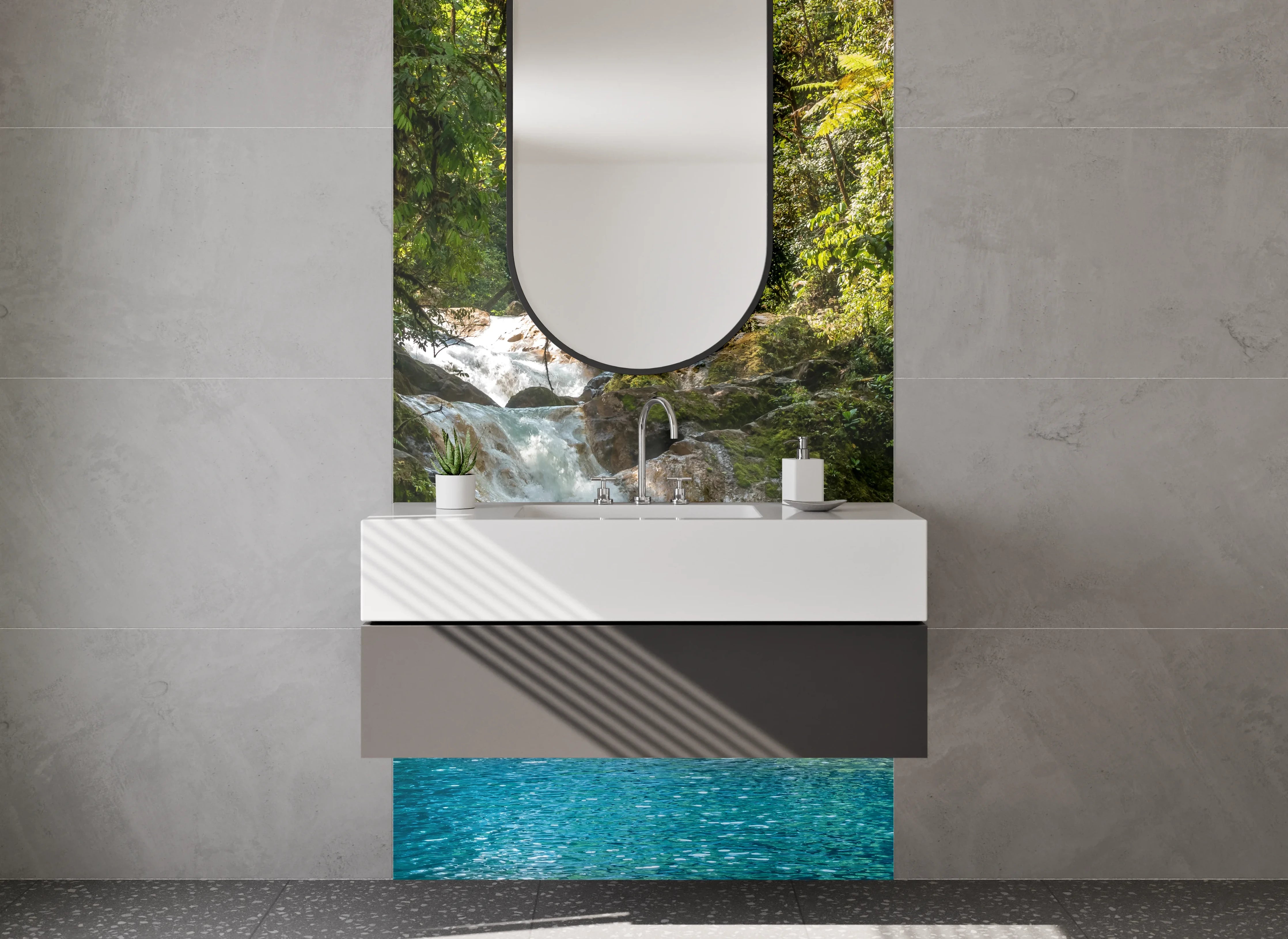 Waschbecken-Rückwand - Tropischer Wasserfall am Dschungelpool