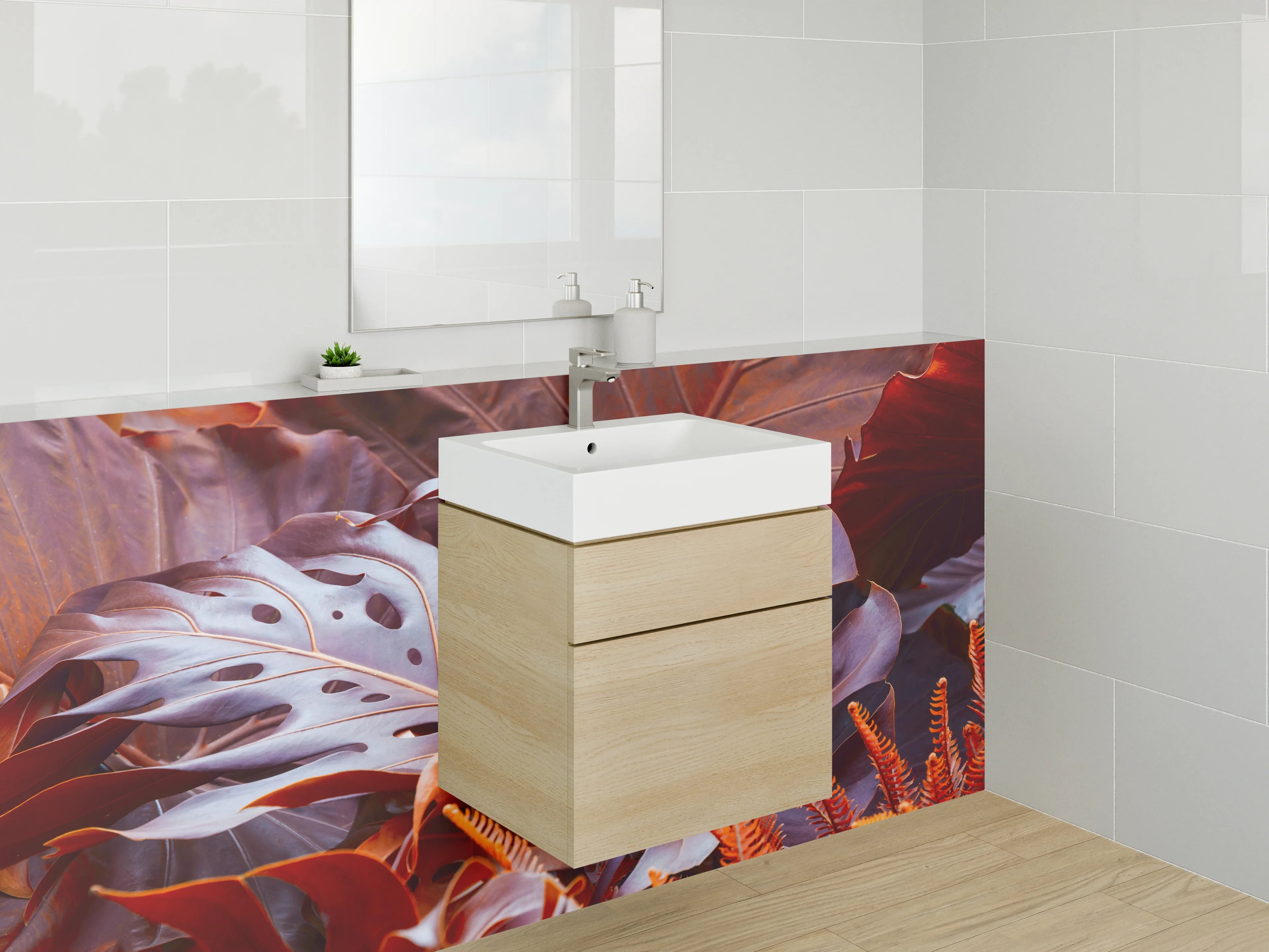 Waschbecken-Rückwand - Tropisches Dschungelblatt Orange Rot